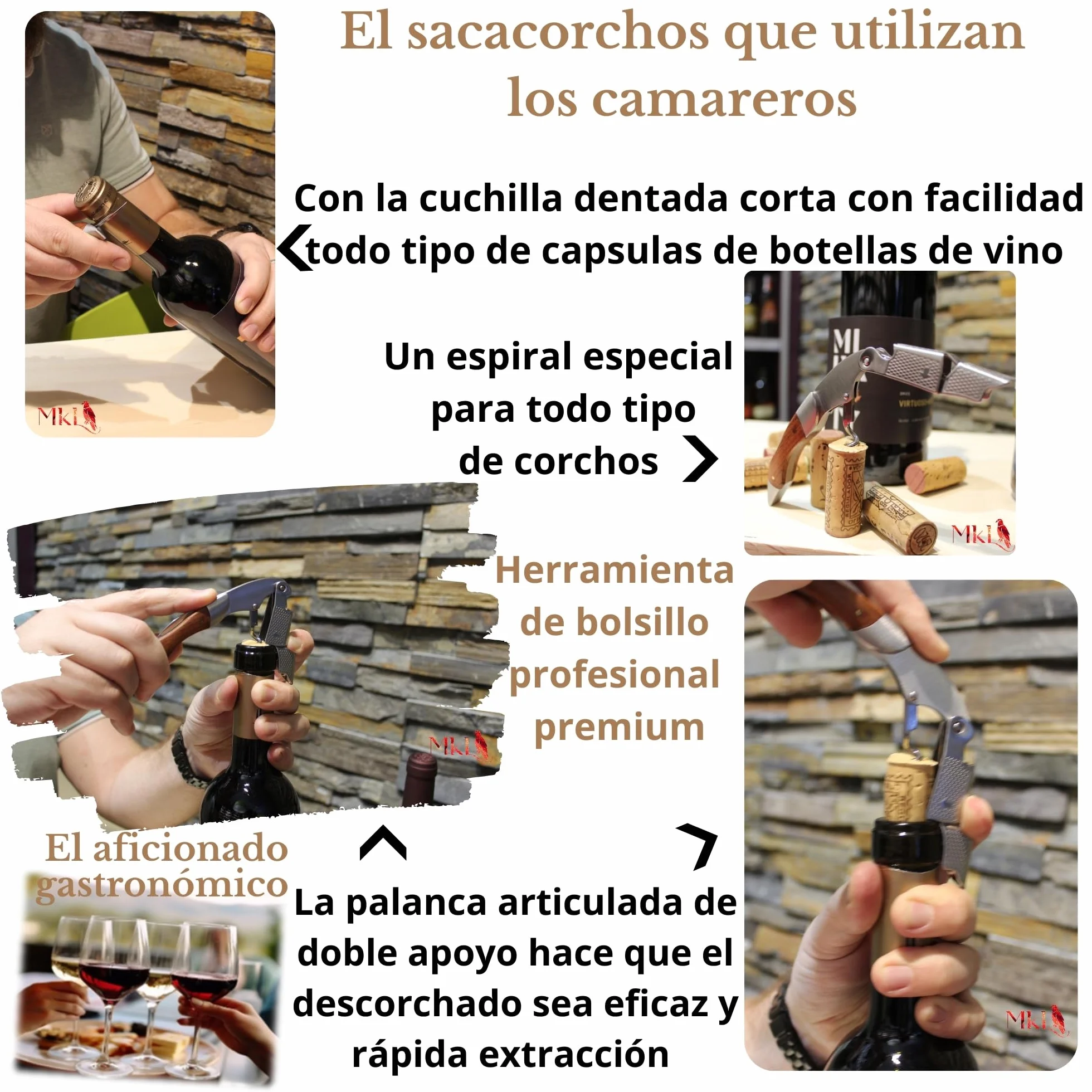 Abridor De Vino con funda, Sacacorchos Camarero, De Acero Inoxidable y Madera, Cuchilla Dentada, Abrebotellas, Accesorios De Vino profesional, Regalos, Cocina y Bar
