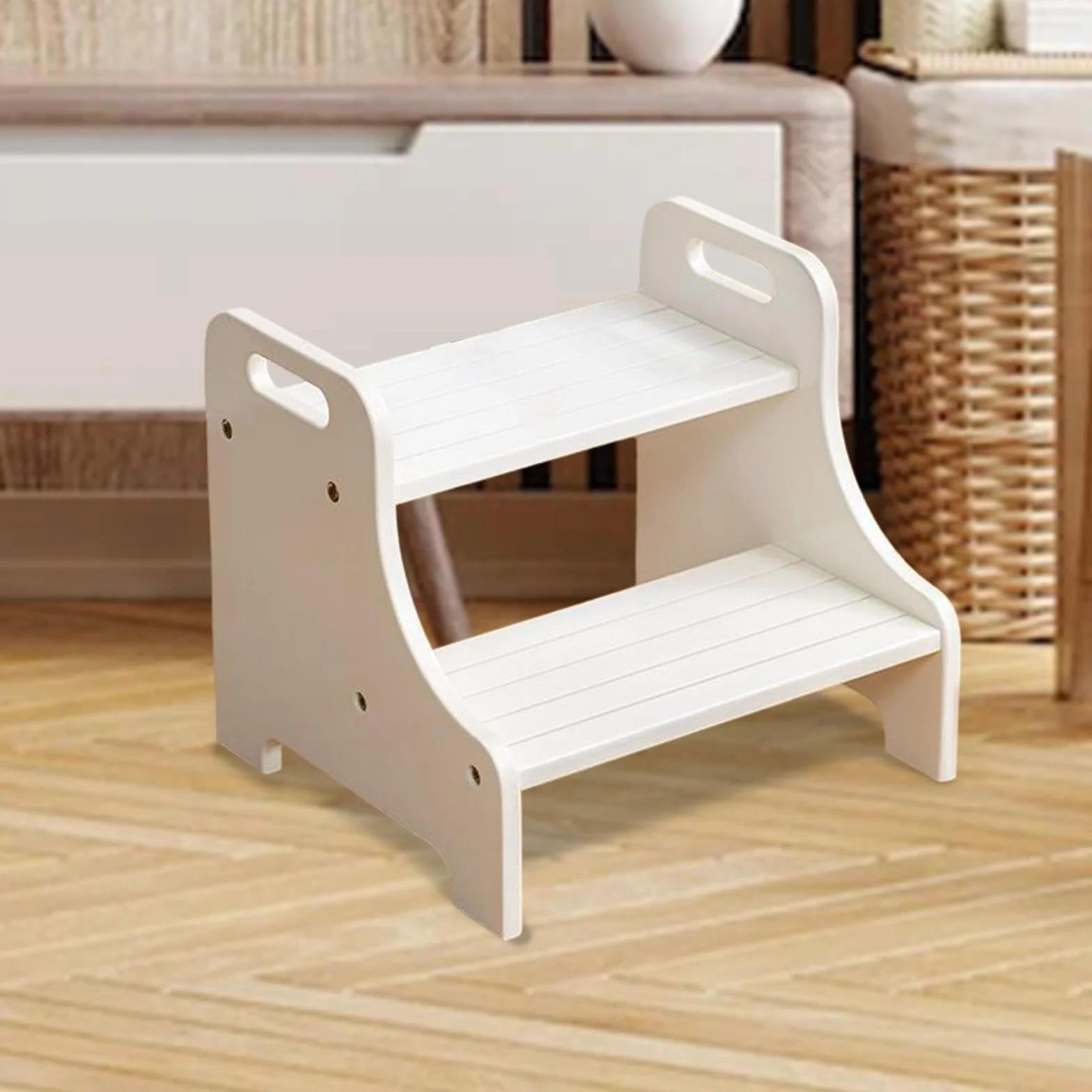 Taburete de Dos Niveles con Asas Y Cojines para Niños Y Adultos, Blanco, Individual