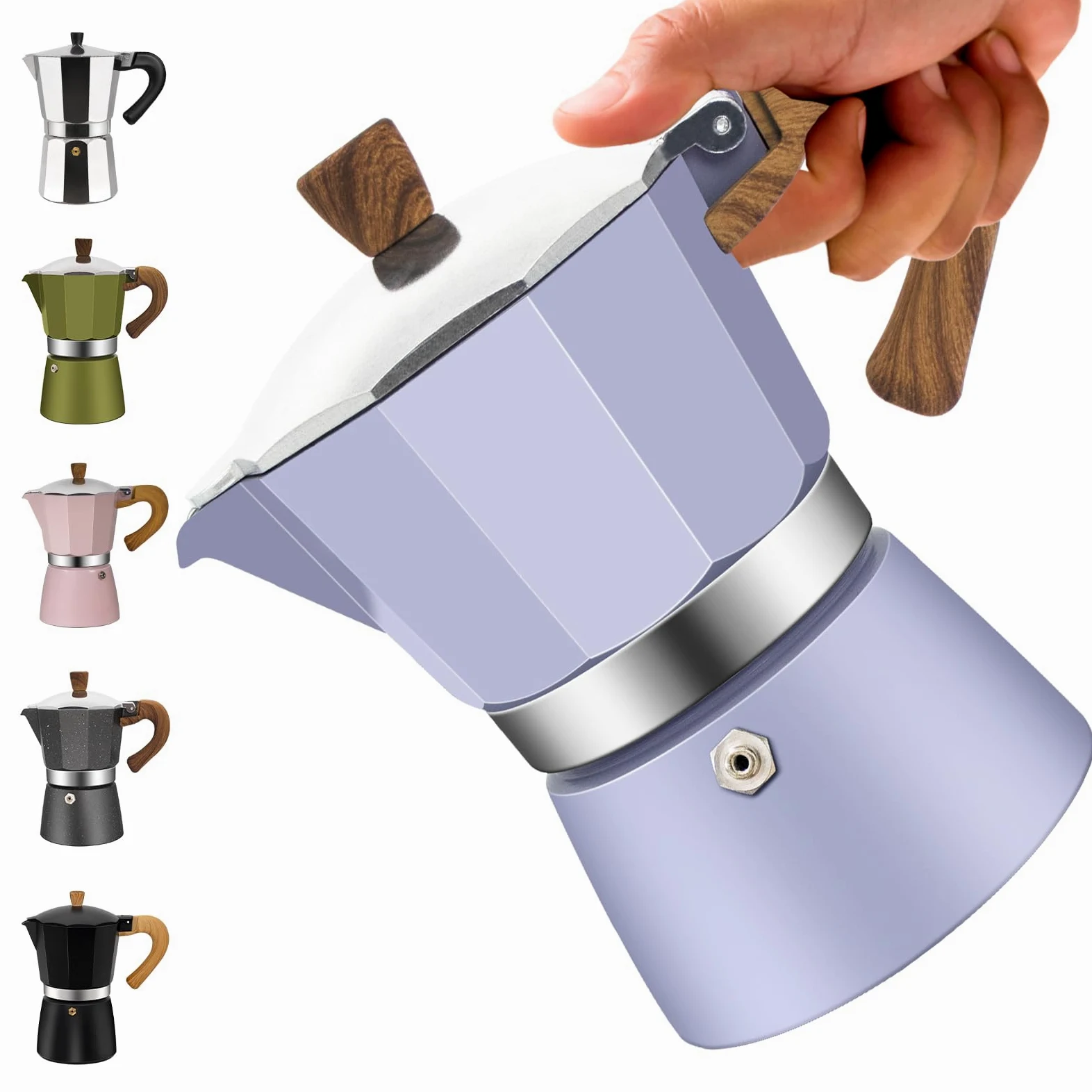 Cafetera moca clásica de aluminio para 3 tazas, 150 ml, cafetera, percoladora, cafetera Mocha Express, cafeteras preferidas para café italiano y cubano, color morado