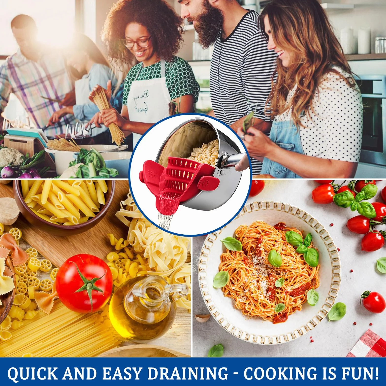 Escurridor de Pasta Plegable con Clip (2 Piezas) – Colador de Silicona Flexible para Ollas y Sartenes, Escurre Pasta, Arroz y Verduras, Sin BPA, Apto para Lavavajillas – Gris y Ro