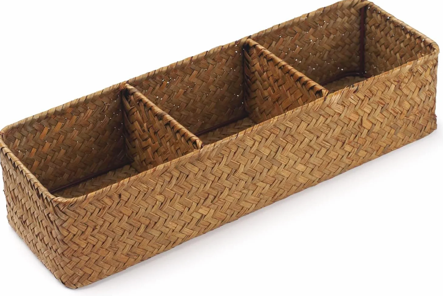 Cesta de Almacenamiento de Seagrass para Baño, Cesta de Tanque de Inodoro, Caja Tejida Natural, Organizador de Baño de Mimbre con 3 Compartimentos (37 x 12 x 8 cm)