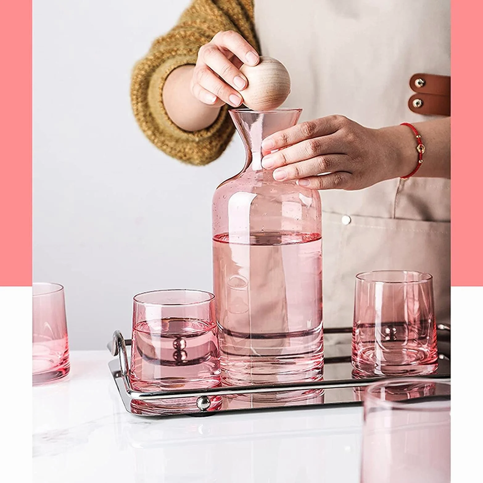 Jarra de Agua Simple Botella de Agua fría Rosa con Cubierta de Bola de Madera Jarra de Vidrio de Alta Temperatura para el hogar, la Oficina, el Restaurante y la cafetería