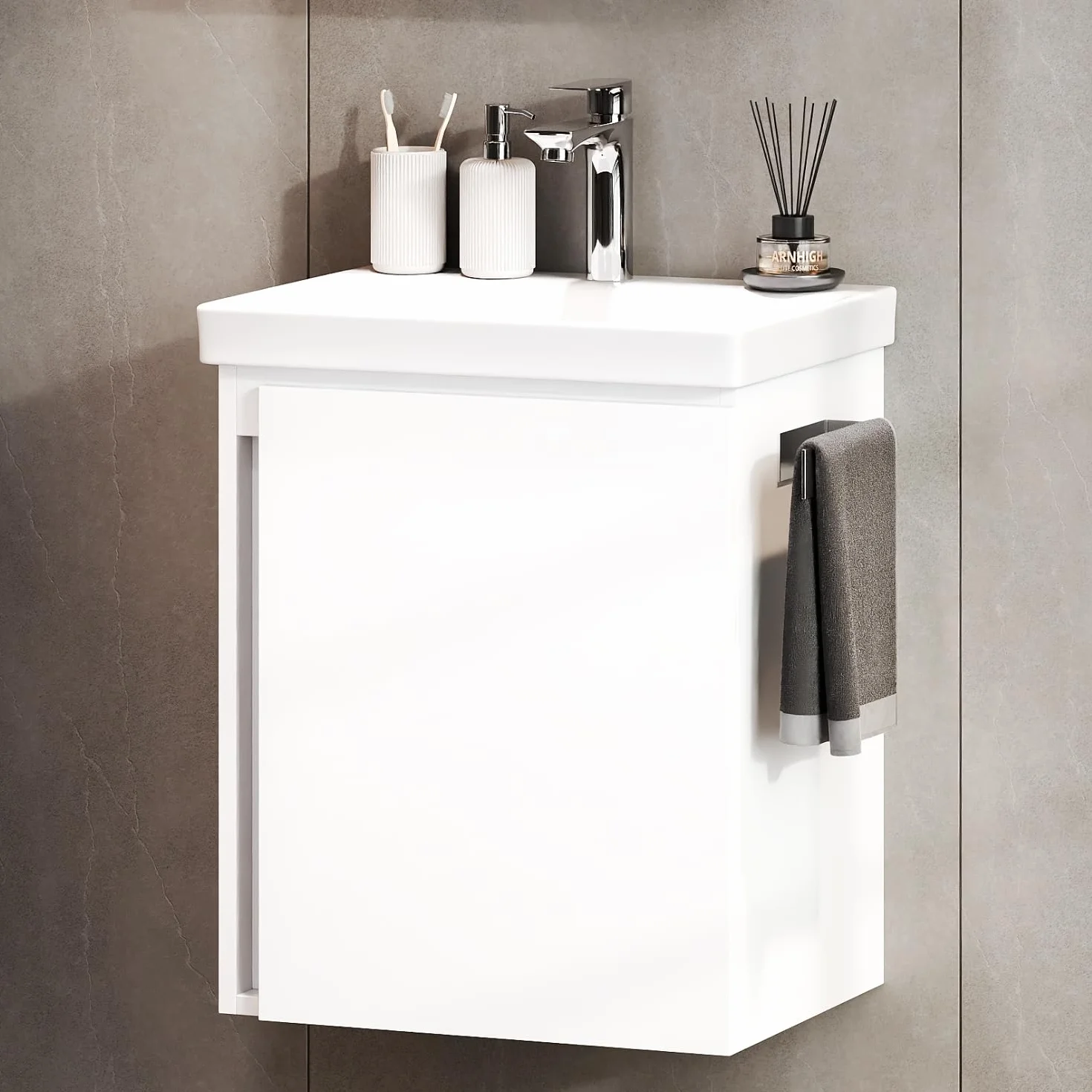 Planetmöbel Lavabo con Mueble 50 cm, Armario bajo Colgante, Cierre amortiguado, Juego de Muebles de baño, Blanco | Armario para lavabo colgante, cierre suave, juego de muebles de baño con lavabo