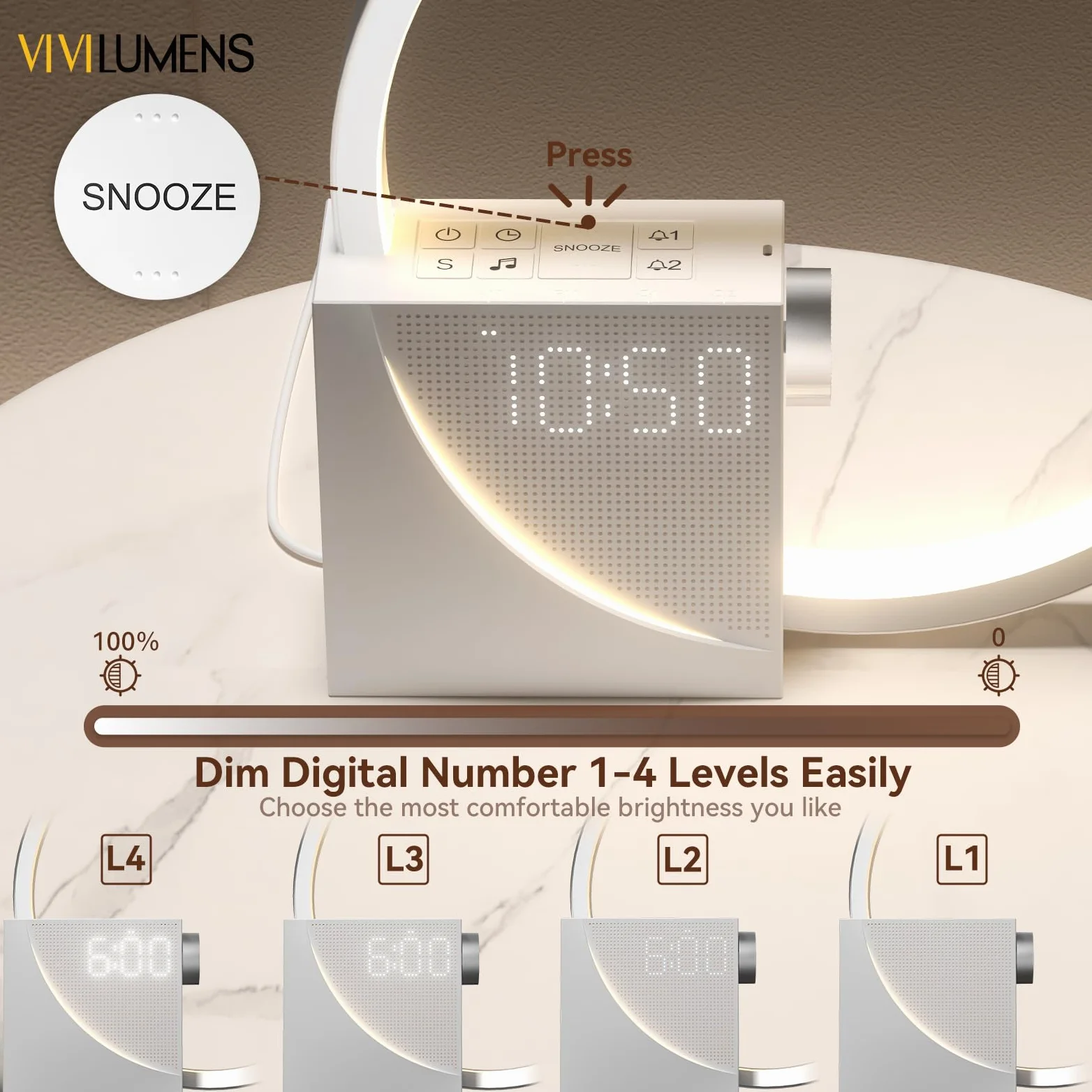 Vivilumens - Reloj despertador digital Sunrise, máquina de sonido de ruido blanco, temporizador de ayuda para dormir con puerto USB, visualización de relojes digitales regulables, repetición, 10 tonos