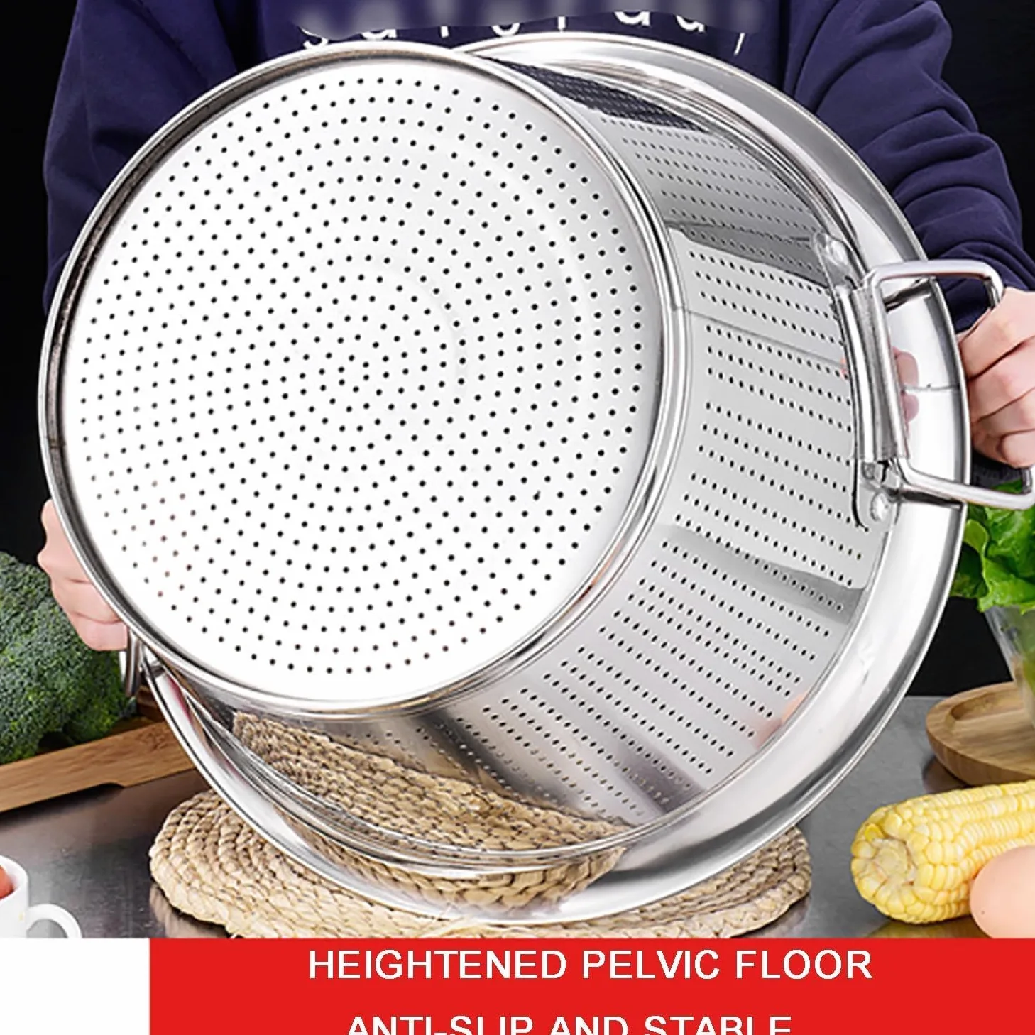 Cesta coladora de verduras, cesta de drenaje de acero inoxidable con asas dobles para escurrir pasta, fideos y lavar verduras, frutas, arroz