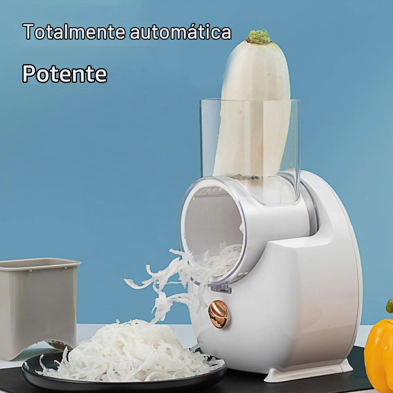 Rallador Eléctrico Eficiente y sin Esfuerzo, Acero Inoxidable, Operación con unToque, Diseño Versátil para Frutas, Verduras, Quesos con Batería, Ideal para Cocina Casera,