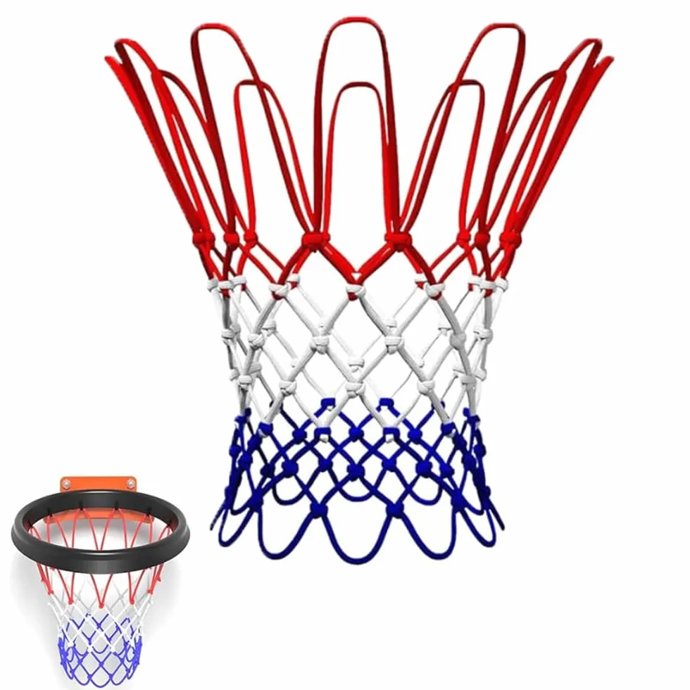 Red de Baloncesto Tricolor de Poliéster para Canasta 53 cm - Anillos Metálicos 45,7 cm - Azul Tamaño Oficial