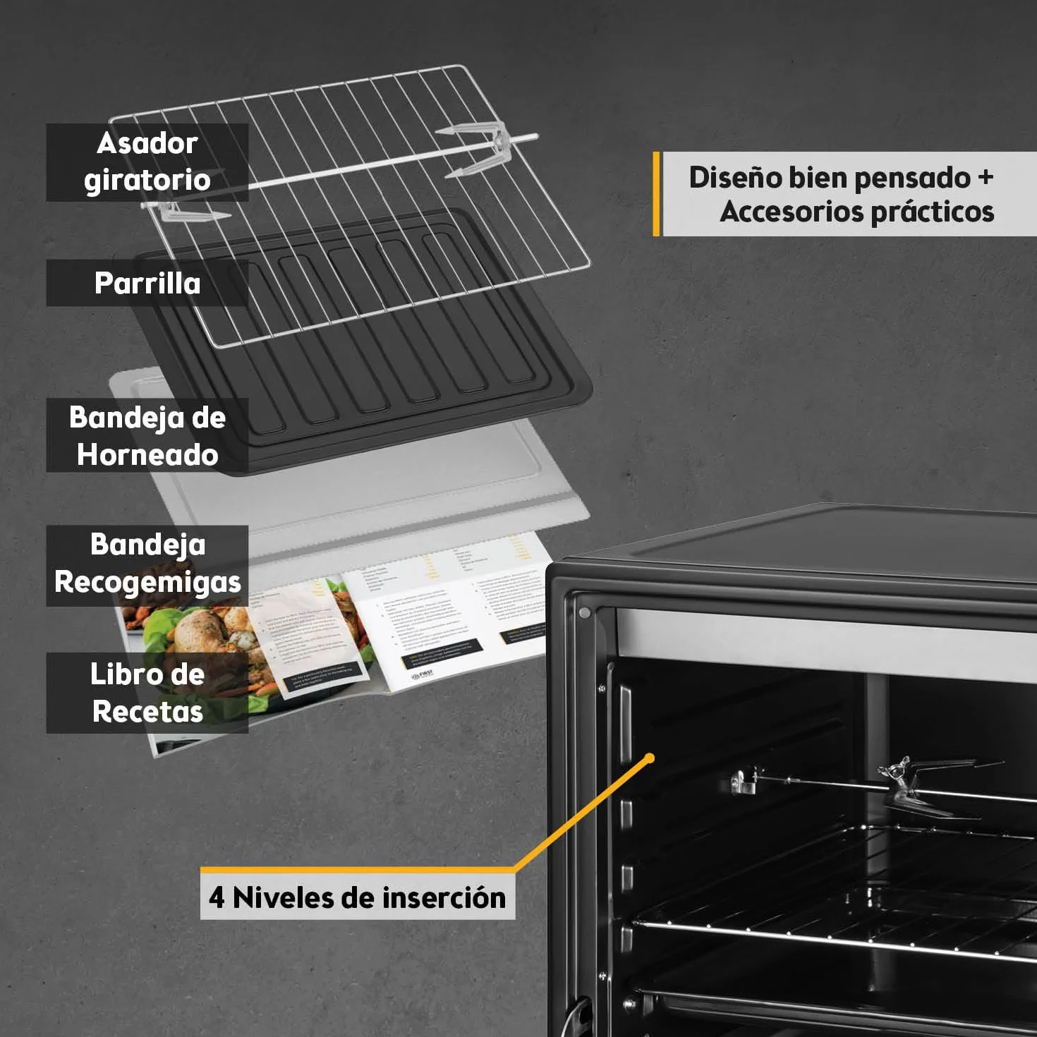 TZS First Austria - Mini Horno 45L 2000W - Minihorno para pizza hasta 230°C y revestimiento antiadherente - Con temporizador 60 min, 4 alturas de inserción, bandeja, rejilla y asador giratorio