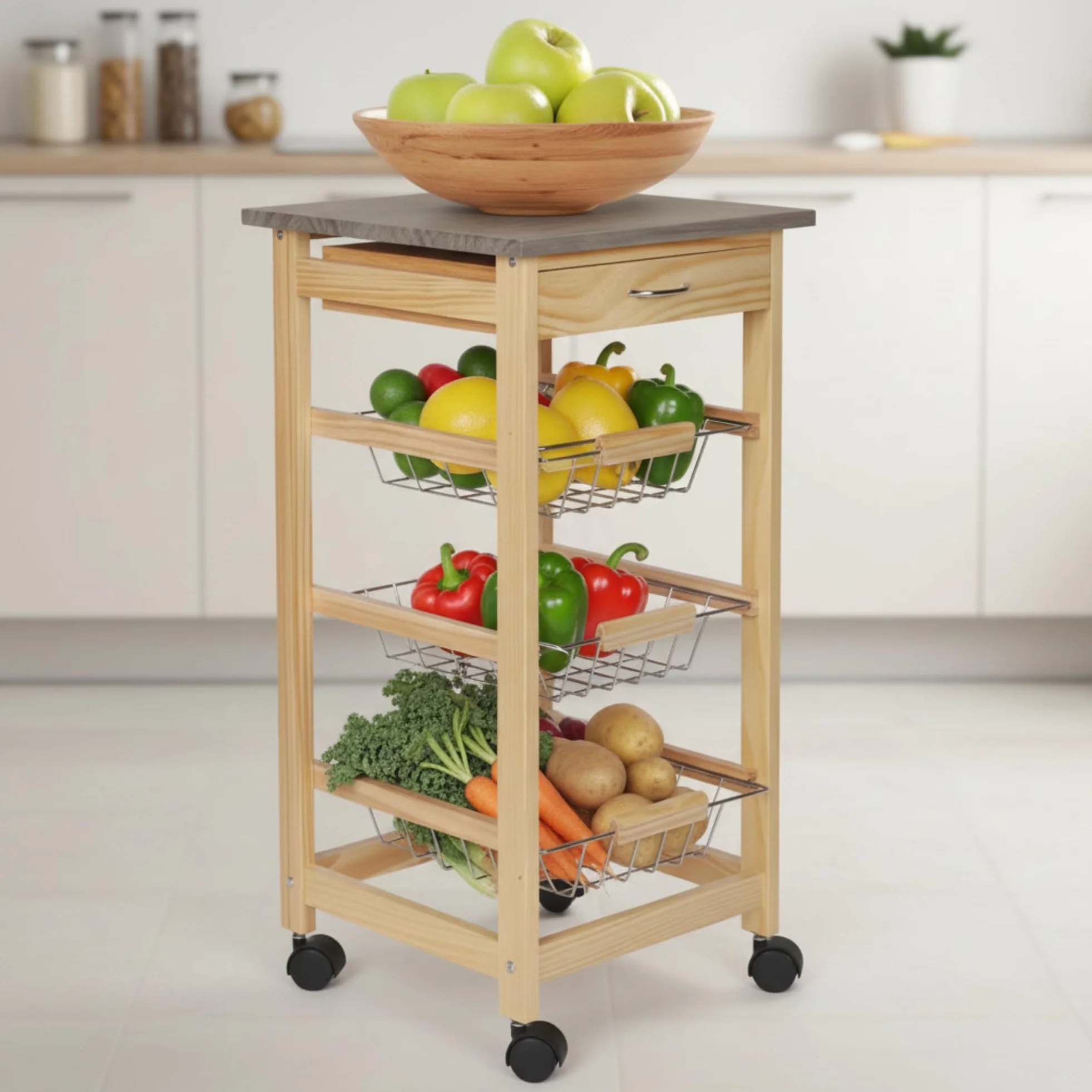 INDE MOBLEKIT | Carrito Auxiliar con Ruedas 3 Estantes con Cajón, Verdulero de Cocina en Madera Natural, Verdulero Práctico para Frutas y Verduras, Mueble Auxiliar de Cocina con Estantes