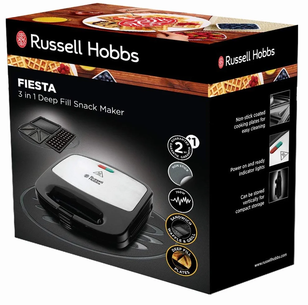Russell Hobbs Sandwicheras [3 en 1: gofrera, tostadora, grill] Fiesta (750 W, placas antiadherente aptas para lavavajillas, accesorios disponibles (no incluidos): cake pop, donut, churros) 24540-56