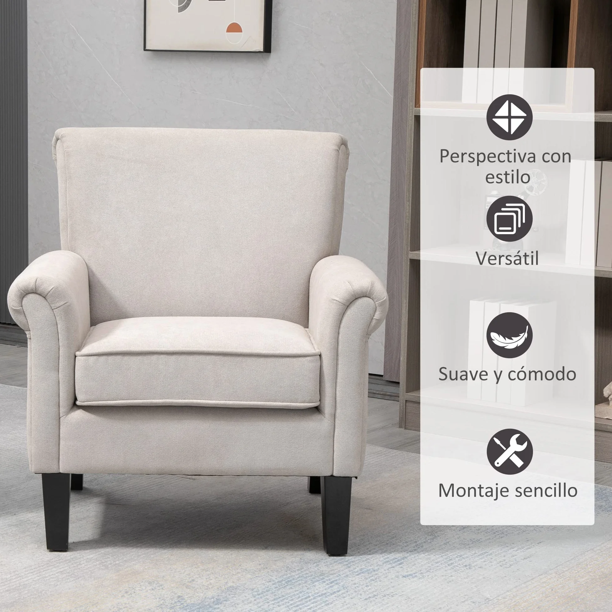 HOMCOM Butaca de Salón Tapizada en Tela, Sillón Relax con Reposabrazos, Asiento Extraíble y Lavable, Patas de Madera, para Dormitorio, Balcón, Estilo Moderno, Carga 150 kg, 79x72,5x88 cm, Gris