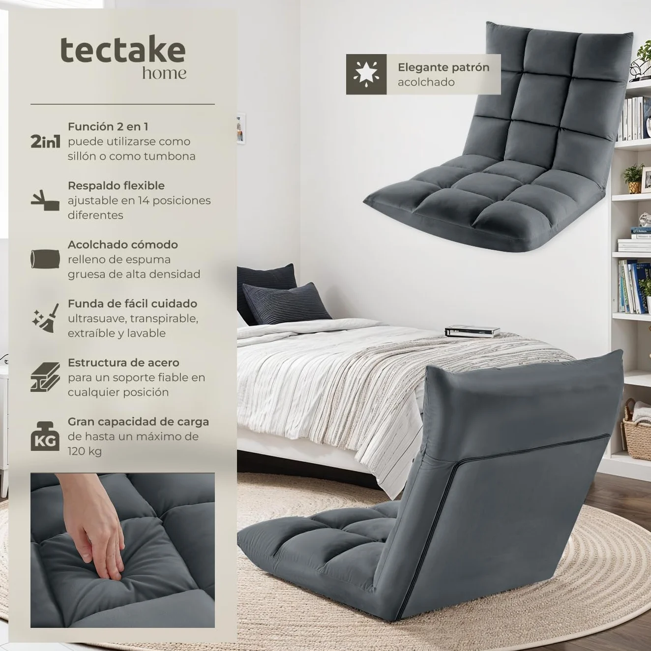 tectake® Sillon Plegable Lectura, Silla de Suelo Ajustable para Tatami, Terciopelo, Respaldo Flexible en 14 Posiciones, Sofa Suelo de Estructura de Acero, Silla Yoga, cómodo cojin de Suelo - Gris