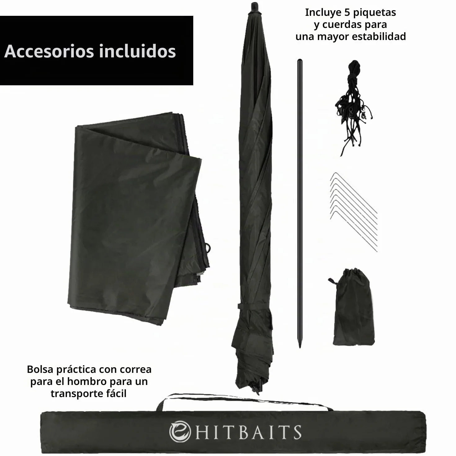 Paraguas de pesca impermeable 240 cm, Negro
