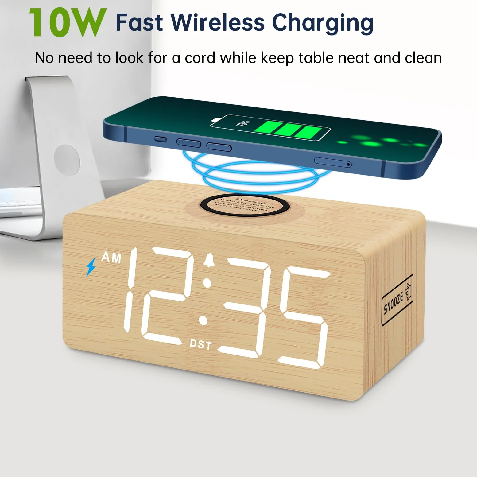 DreamSky Reloj despertador digital de madera con carga inalámbrica para dormitorio | Reloj de mesita de noche con estación de carga, puerto USB, números grandes, volumen ajustable, regulador de brillo, DST