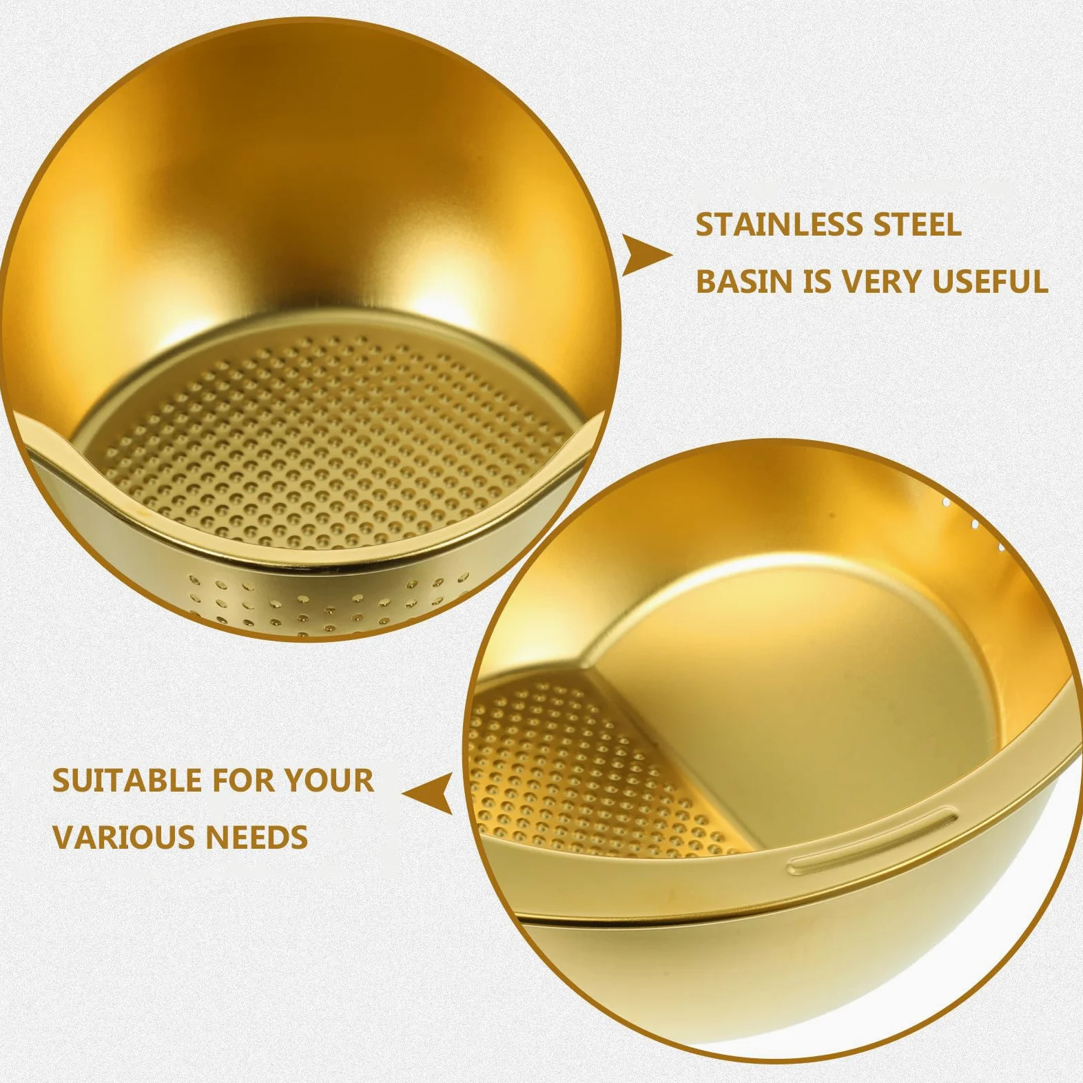 VALICLUD Colador de Cocina de Acero Inoxidable Dorado para Escurrir Verduras y Fideos, Cesta Estable para Almacenamiento y Lavado en Hogar
