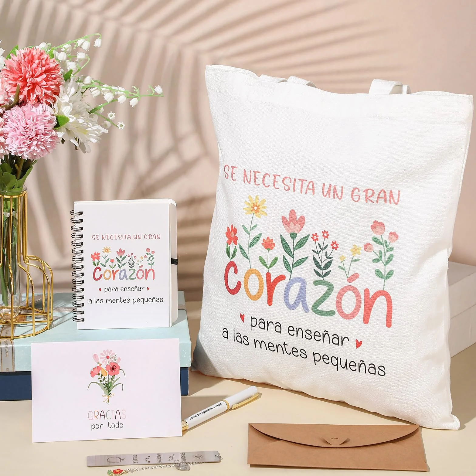 Sinmoe 6 Piezas Kit Regalos Profesora Infantil Regalo Maestra Bolsa Profesora Libreta Maestra Bolígrafo Tarjeta Agradecimiento con Sobre Marcadores de Libros de Metal para Graduación