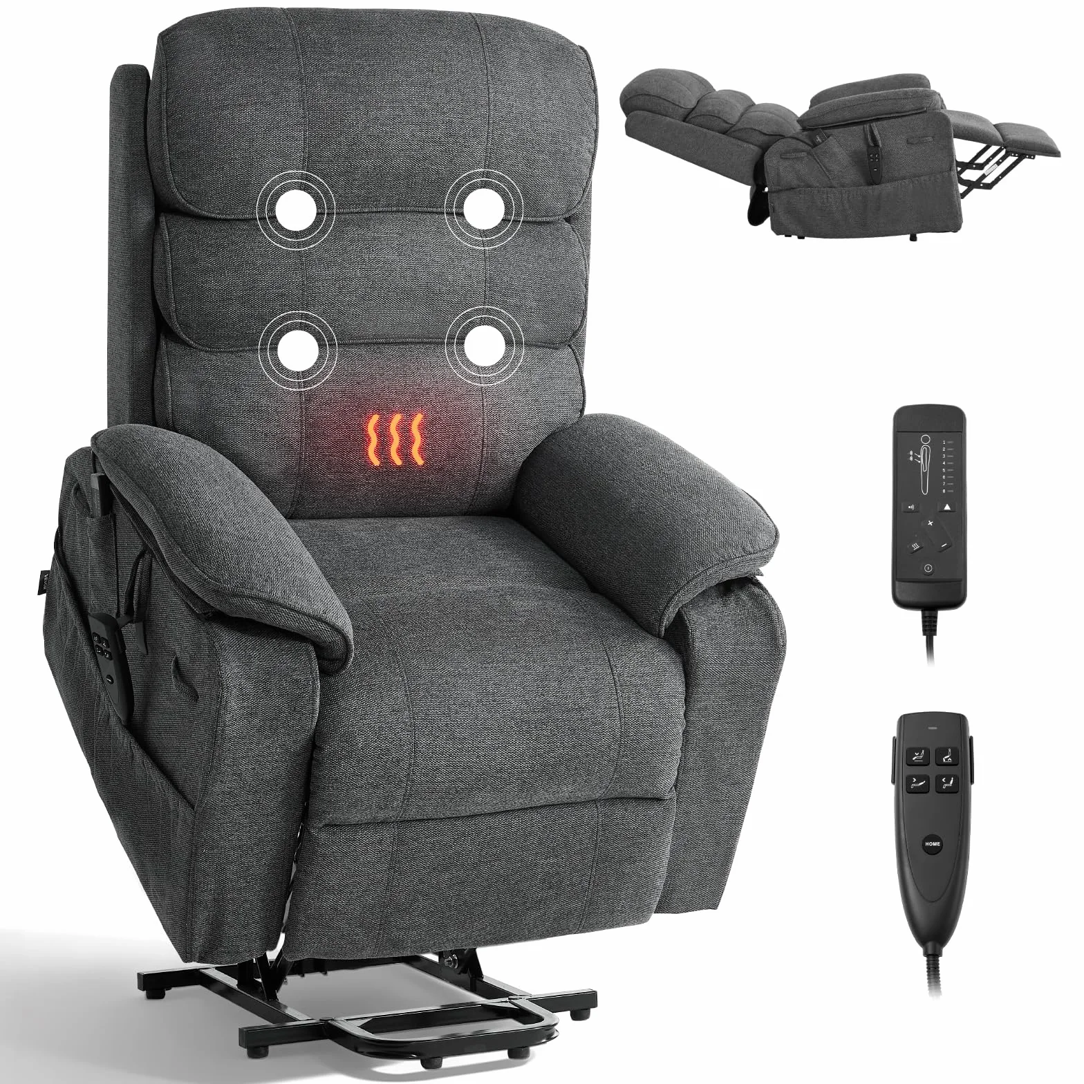 VEVOR Sillón Relax Reclinable Eléctrico, Sillón Reclinable Levantapersonas, con Reposapiés Calefacción Masaje Mando a Distancia Bolsillos Laterales, Tela Chenilla, para Salón Dormitorio, Gris Oscuro