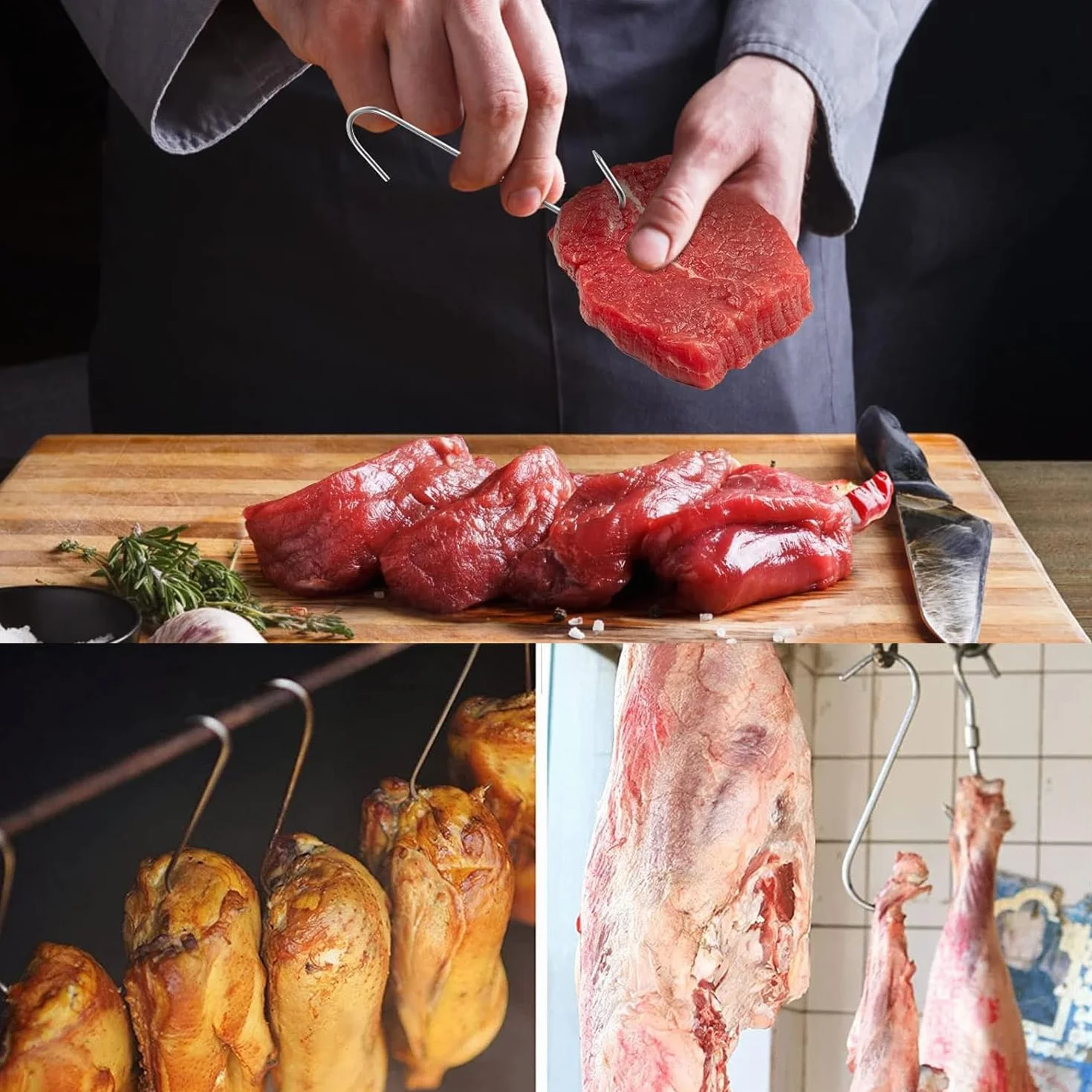 Gancho de Cocina,30 Pcs Gancho de Carne para Asador Giratorio Ganchos Colgantes para Ahumar Inoxidable Ganchos para Colgar para Carne Ahumadora de Cocina para Colgar Carne,Tocino,Jamón,Pato Asado