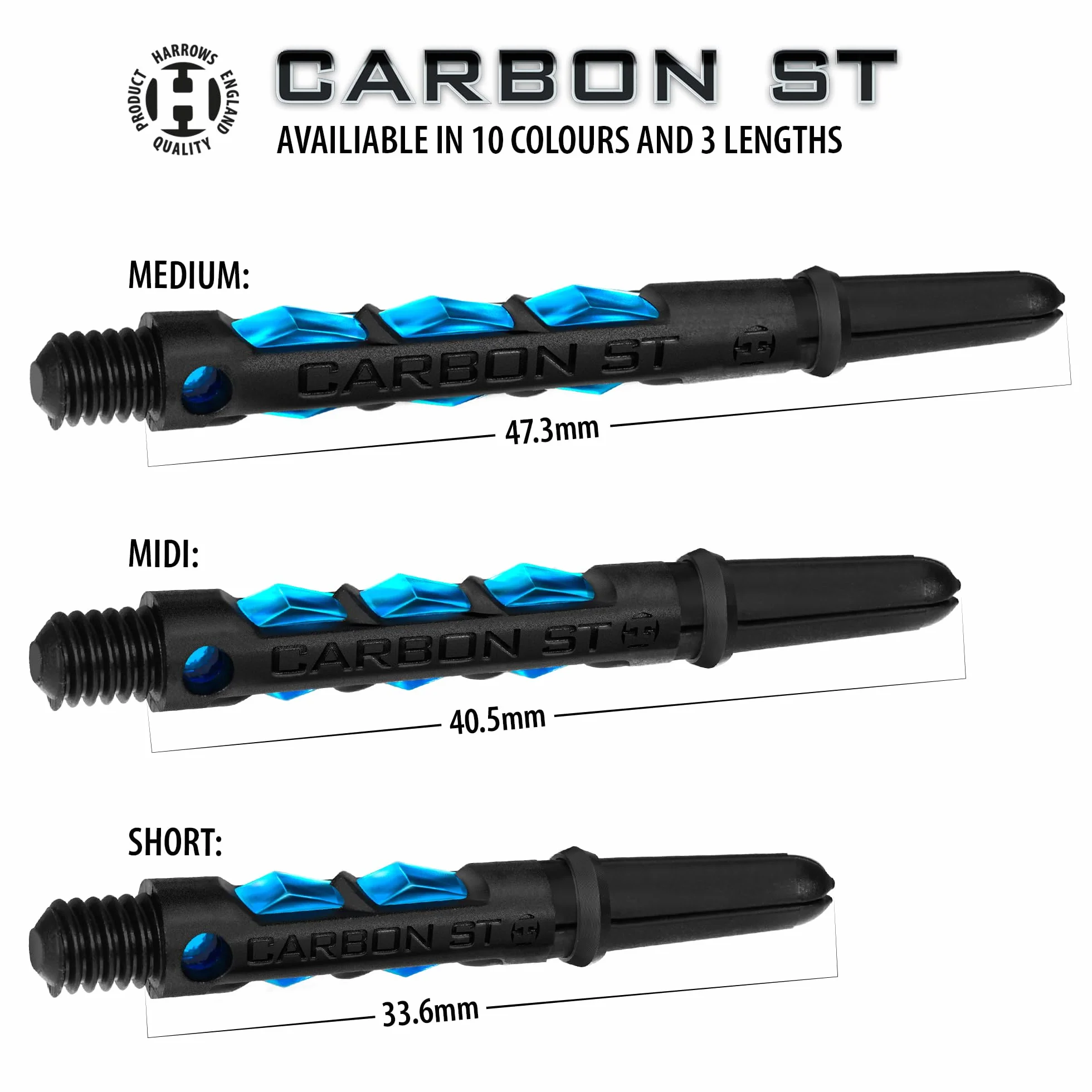 Harrows Darts - Juego de 3 varillas de dardos de carbono ST, 9 ejes de dardos en total, mediano, midi y corto, compuesto de carbono resistente, aguamarina mediana