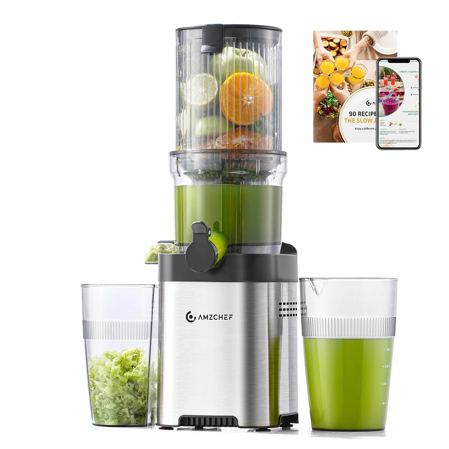 AMZCHEF Extractor de Zumos, Slow Juicer con Apertura de 120MM, Capacidad de 2 L, Licuadora Prensado en Frío para Frutas y Verduras Enteras, Cuerpo de Acero Inoxidable, Fácil Montaje y Limpieza, Plata