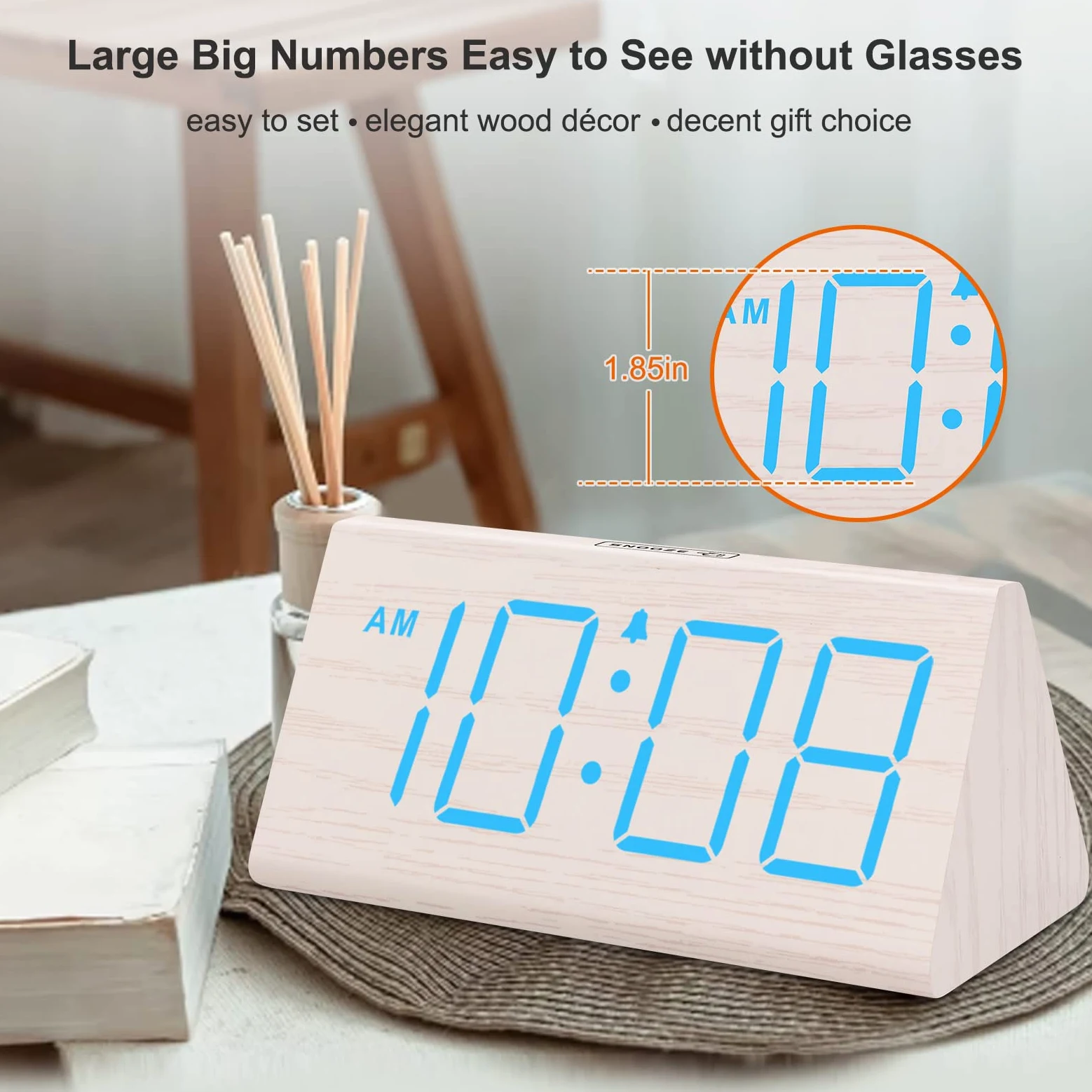 DreamSky Despertador digital de madera para dormitorios, reloj eléctrico de escritorio con números grandes, puerto USB, alarma de respaldo de batería, volumen ajustable, atenuador, repetición, DST,