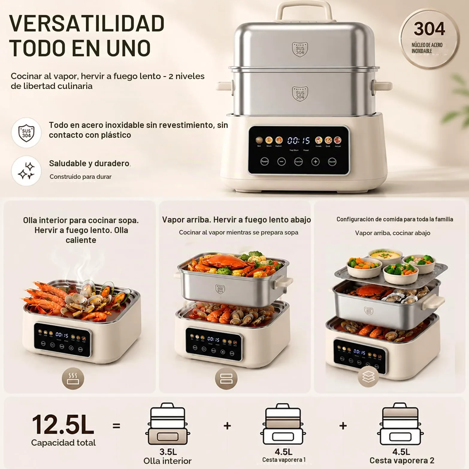 Fulgutonit 12.5L Vaporera Eléctrica de Acero Inoxidable 304 | 2 Niveles, 6 Programas Inteligentes, Temporizador de 24 Horas, Vaporera y Hot Pot 2 en 1, Cocina Multifunción