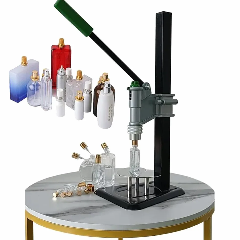 Engarzadora manual de botellas de perfume, 13-15 mm, máquina taponadora de botellas de spray con altura ajustable, máquina taponadora de prensa de acero inoxidable, máquina prensadora de botellas