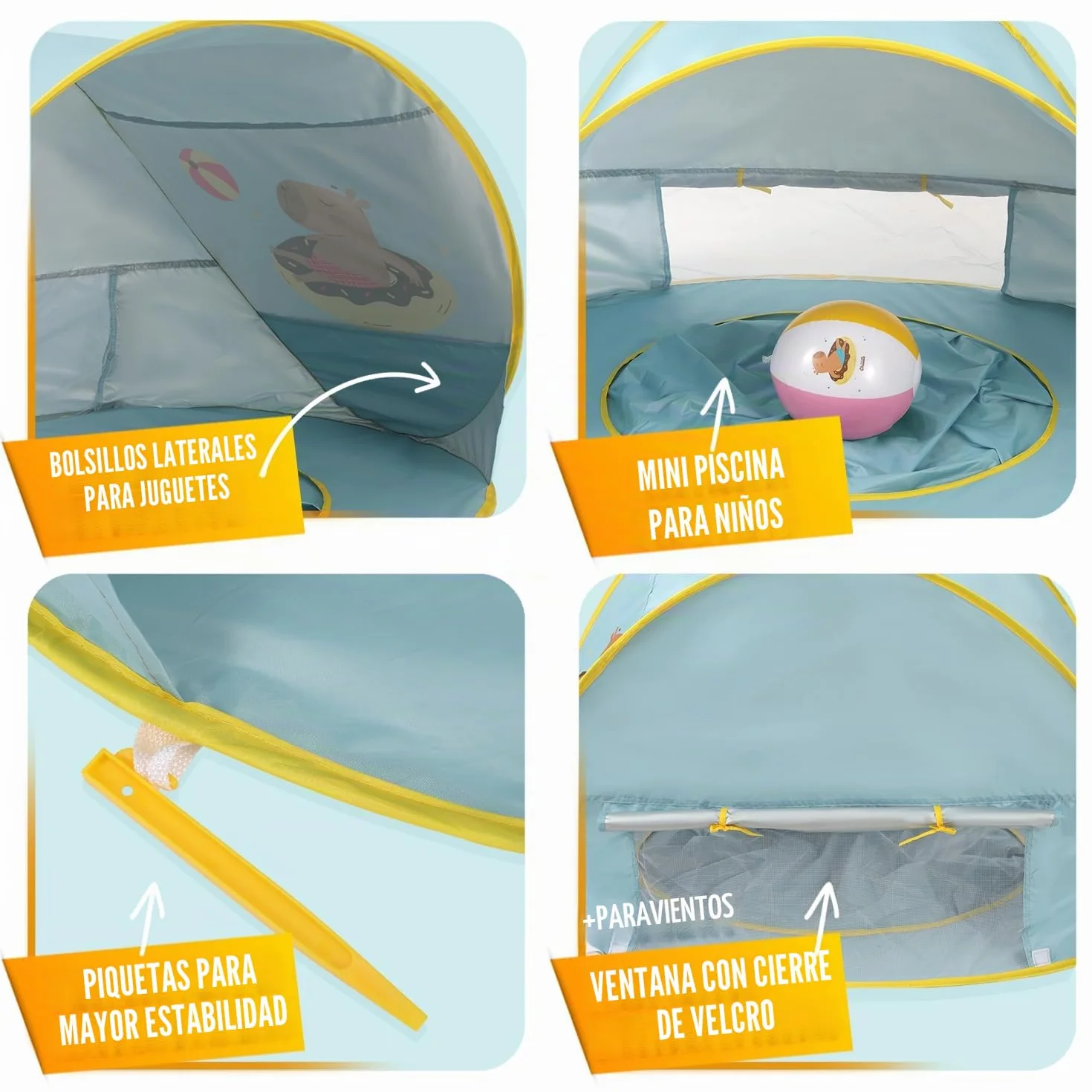 Chillife Tienda de Playa Pop Up para Bebés con Protección UV 50+ y Cortavientos, Diseño Globo Capybara