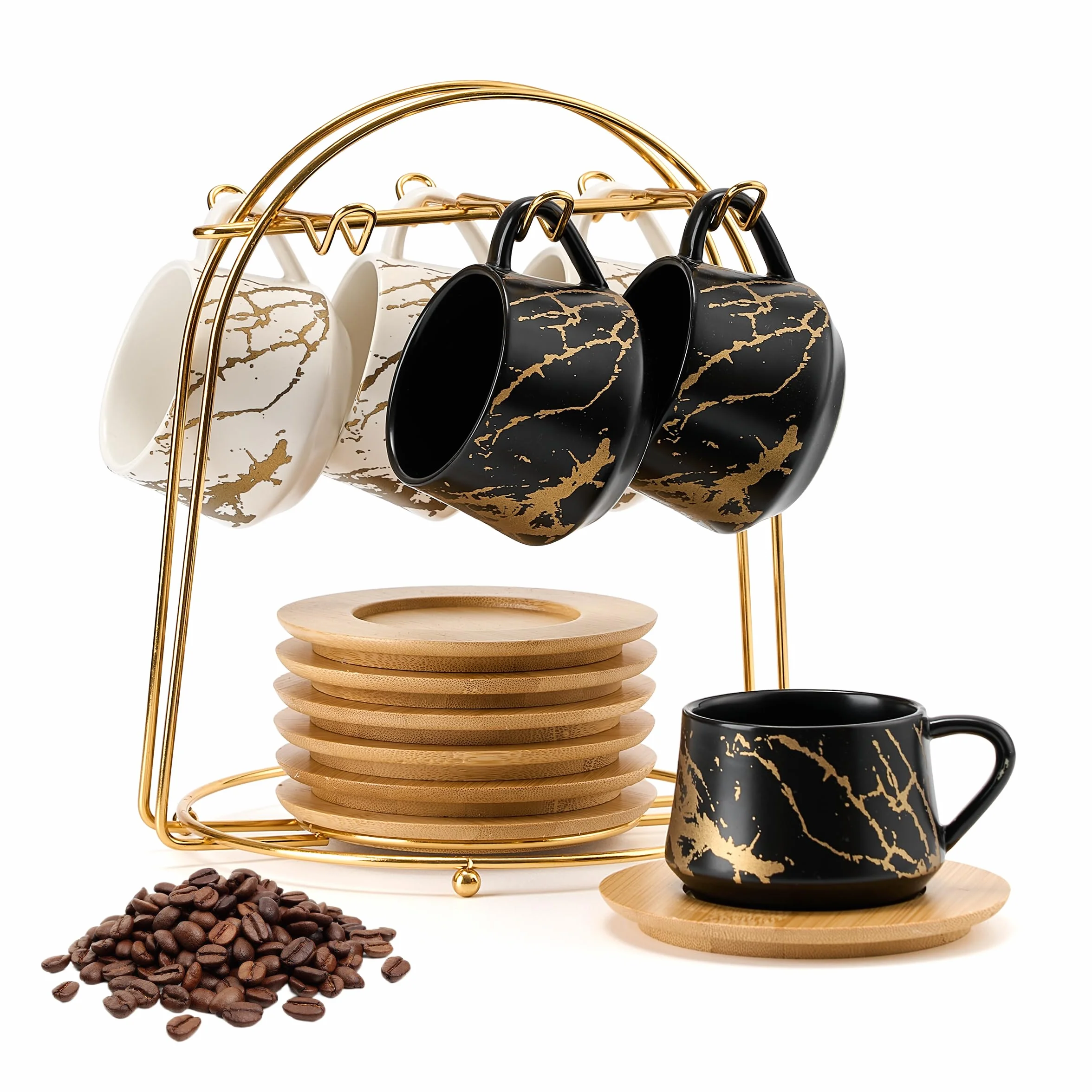 PORCER Juego de tazas de café de cerámica y platillos de madera con soporte dorado de metal, elegante diseño de mármol, tazas apilables para cappuccino, expreso, bebidas de café especializadas, latte