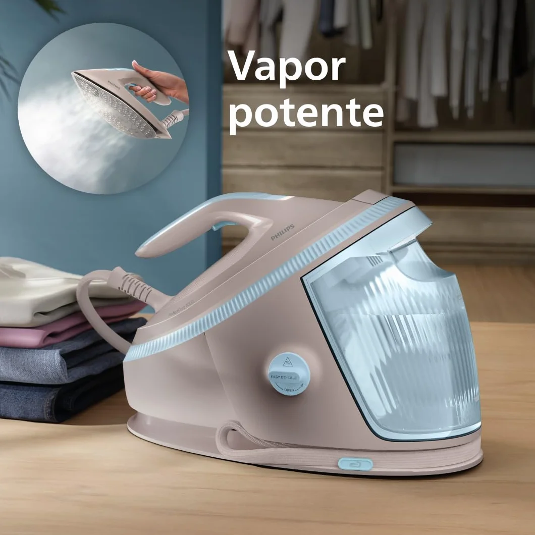 Philips PerfectCare Serie 7000 Centro de Planchado - Golpe de Vapor 600g, Presión 8,5 Bar, OptimalTEMP, Suela SteamGlide Elite, Depósito Extraíble 1,5L, Planchado Vertical, Easy De-Calc (PSG7200/60)