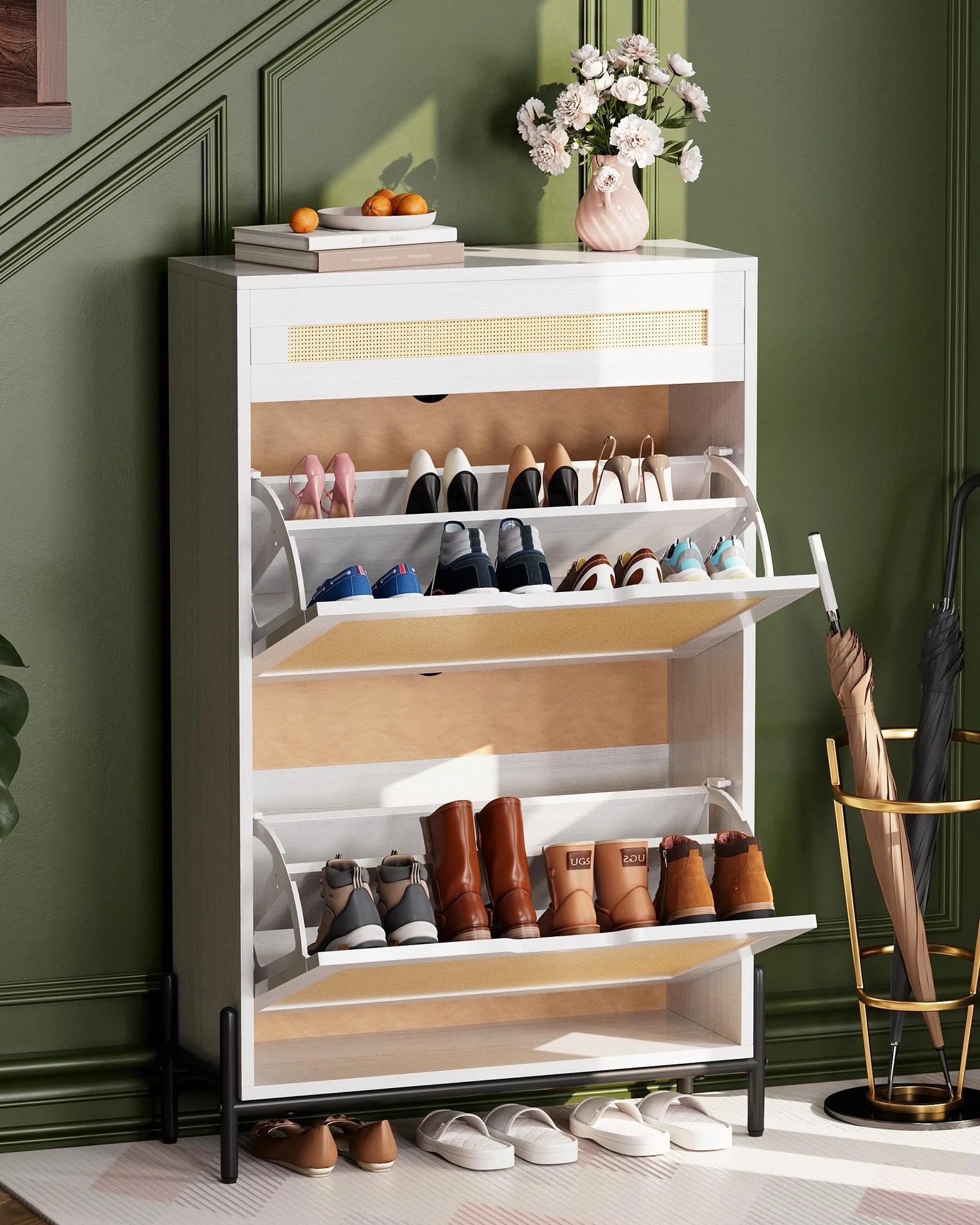Zapatero estrecho de madera con 2 puertas abatibles y estantes ajustables - Cajón superior, estructura MDF estable - Diseño moderno y compacto, almacenamiento ventilado para entrada o recibidor