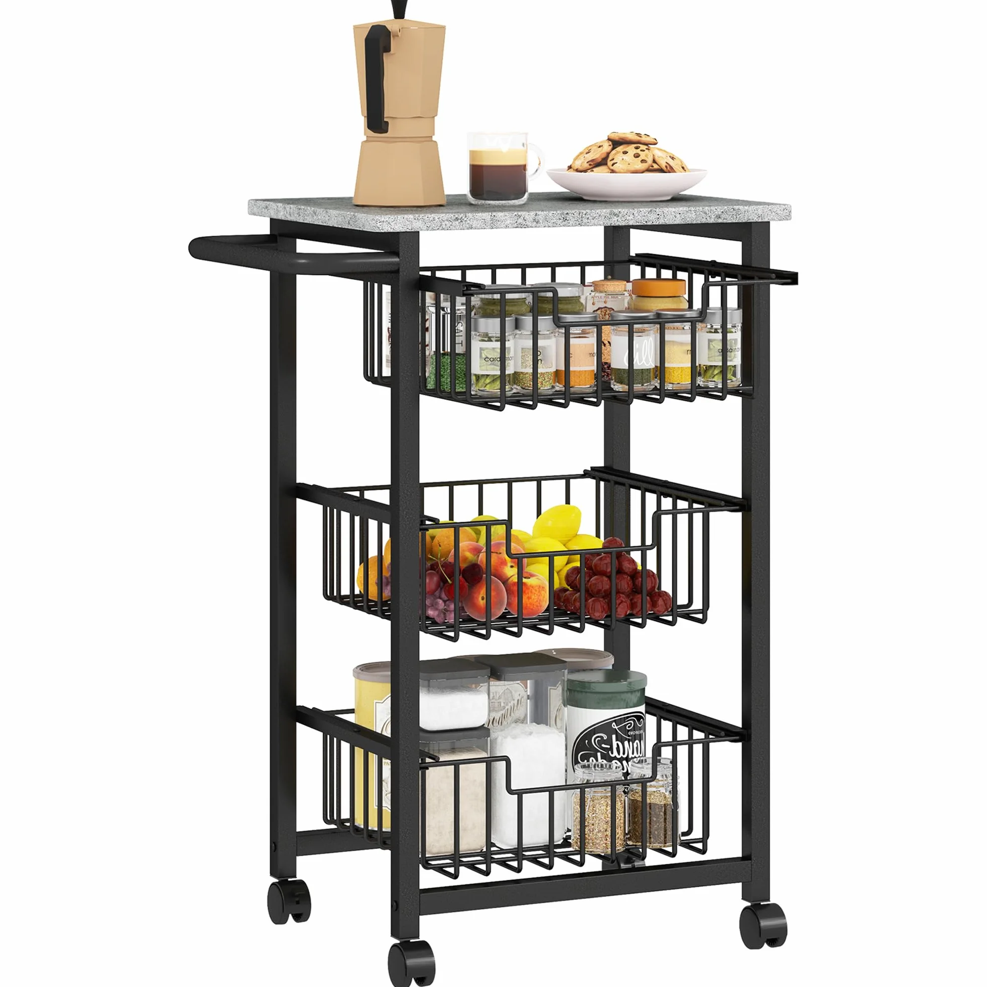 HOMCOM Carrito de Cocina Carrito Verdulero para Cocina con 3 Cestas Deslizables y Marco de Acero Carrito Auxiliar con Ruedas para Comedor 49,5x31x69 cm Gris Claro