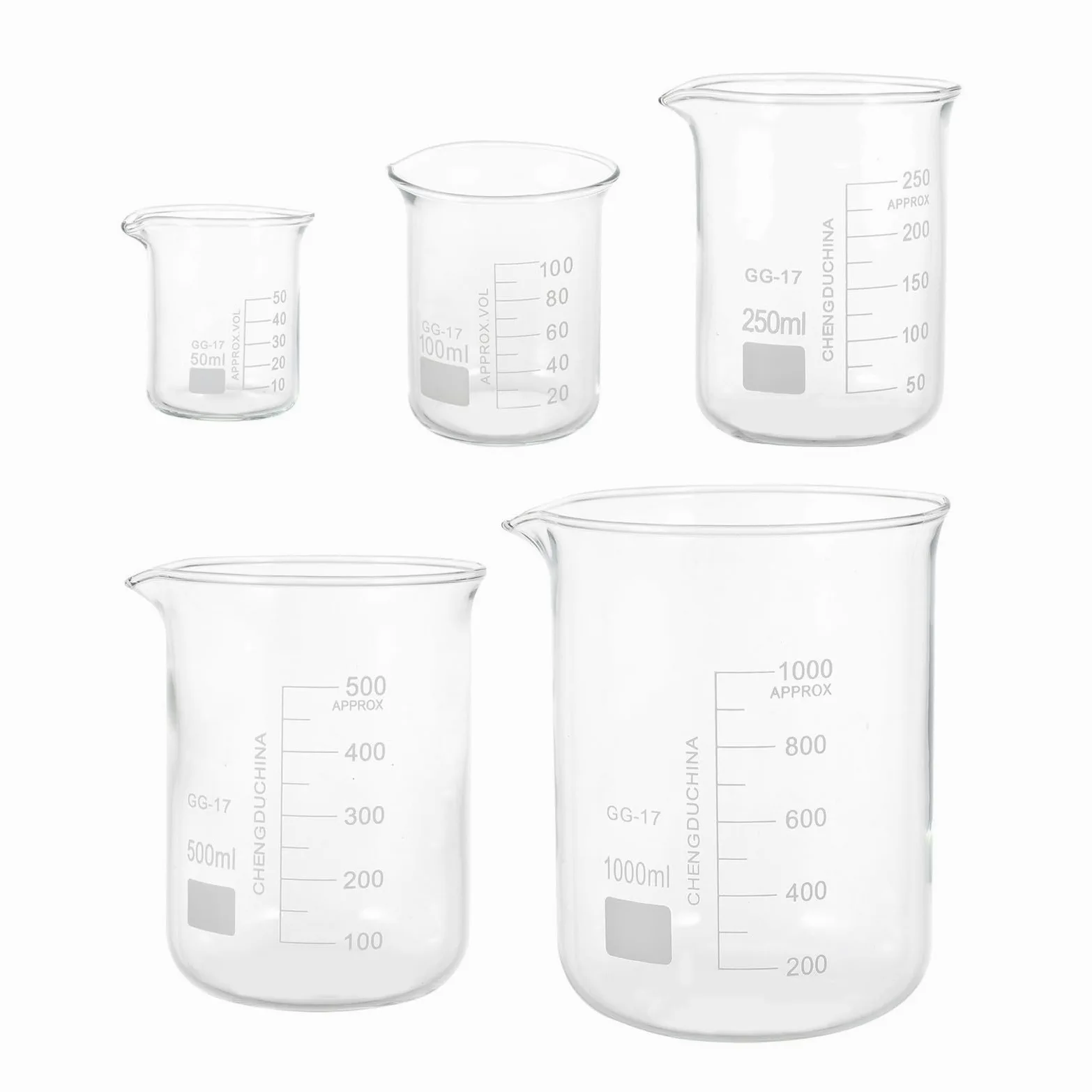 Tazas Medidoras de Vidrio 5piezas para Laboratorio Decoracion Colegio | Vasos Graduados, Herramientas de Medición, Portaliquidos a Escala, Ligeros y Fáciles de Limpiar