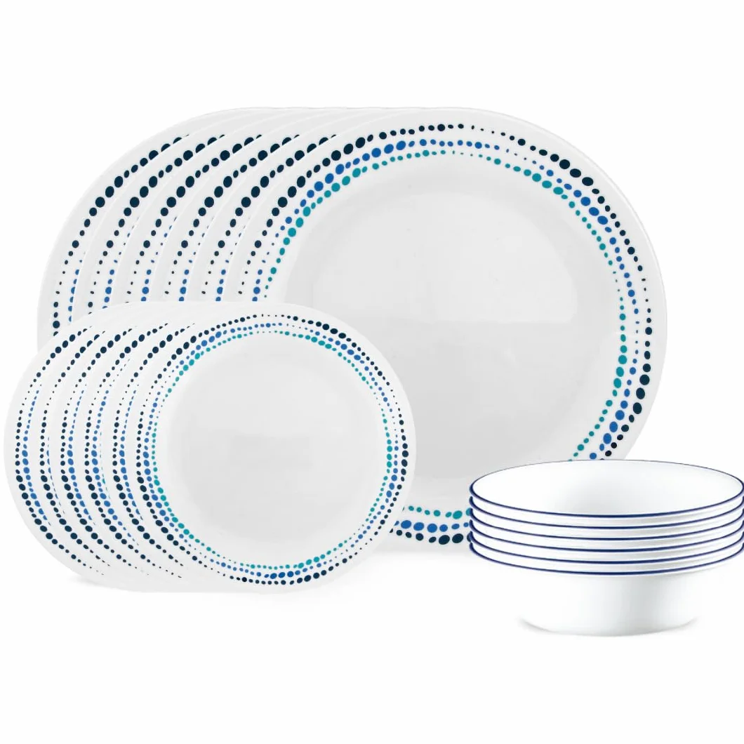 Corelle Juego de vajilla de 18 piezas, azul océano, servicio azul y blanco para 6, vajilla resistente a las astillas, incluye platos llanos de 26 cm, platos de ensalada de 17 cm y cuencos de sopa y
