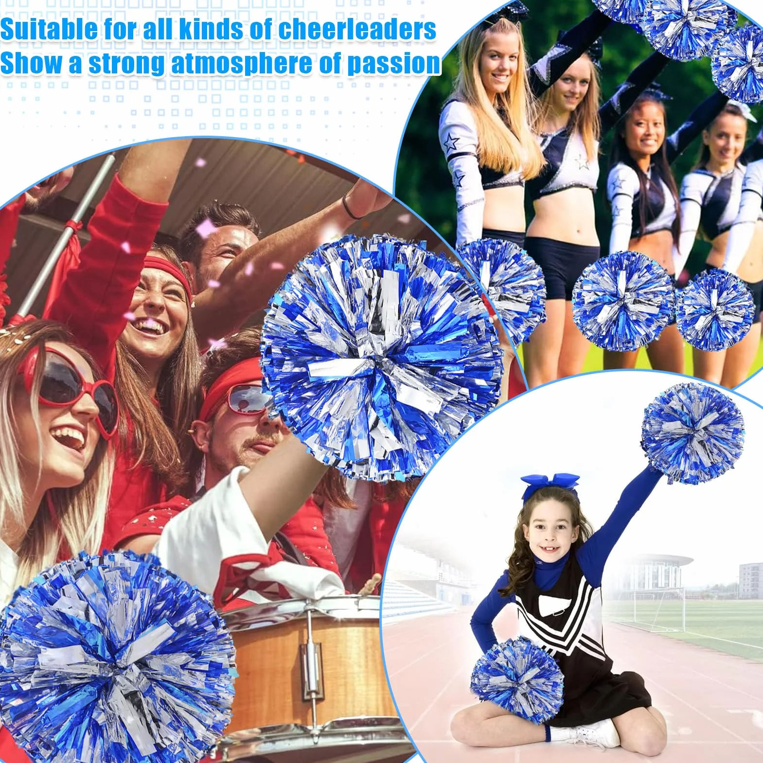 Pompoms Animadoras Azul con Asas 3 Piezas para Deportes Spirit Cheering