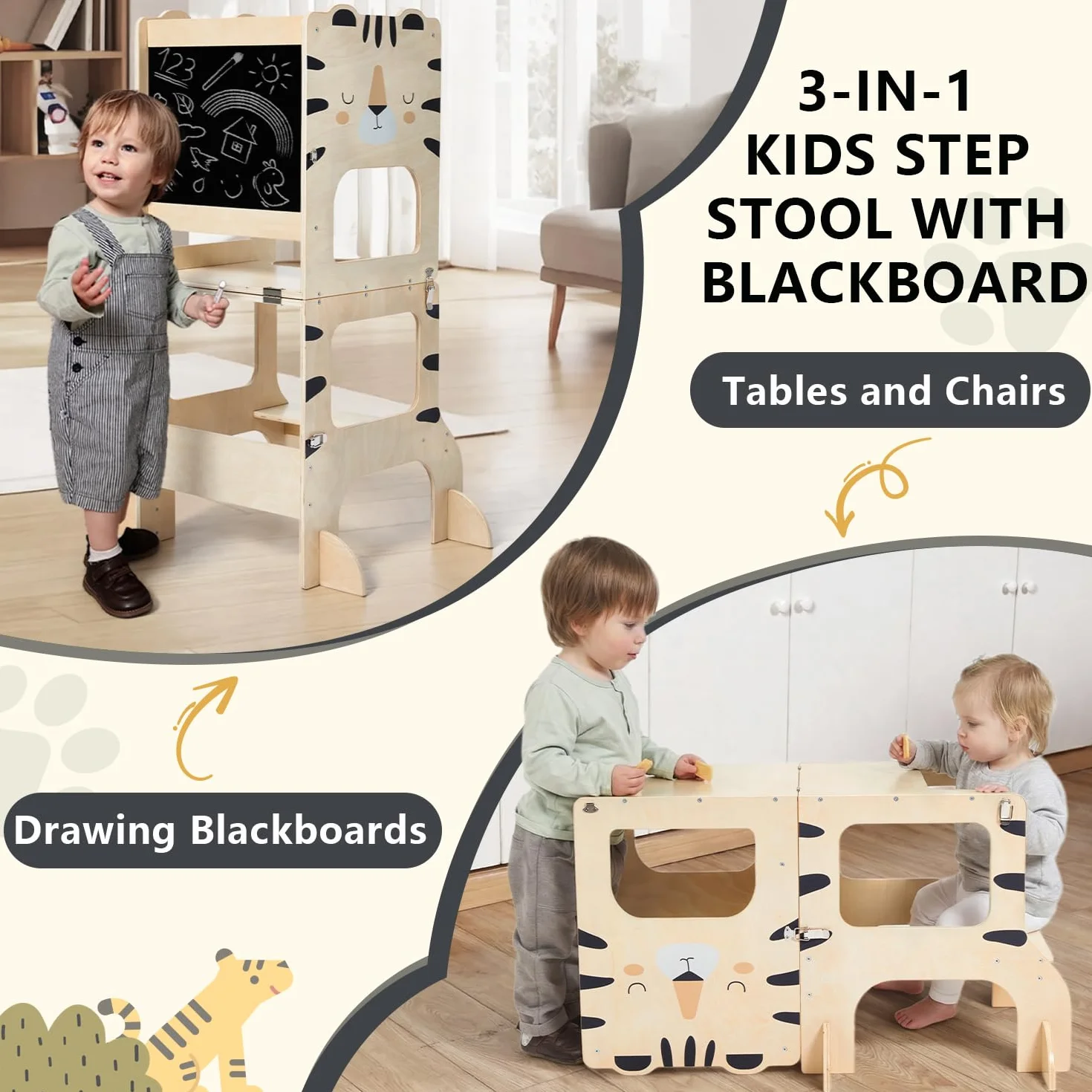 Labebe Torre de Aprendizaje Plegable 2 en 1 para niños con Tablas de Mensajes a Partir de 1 año Tigre