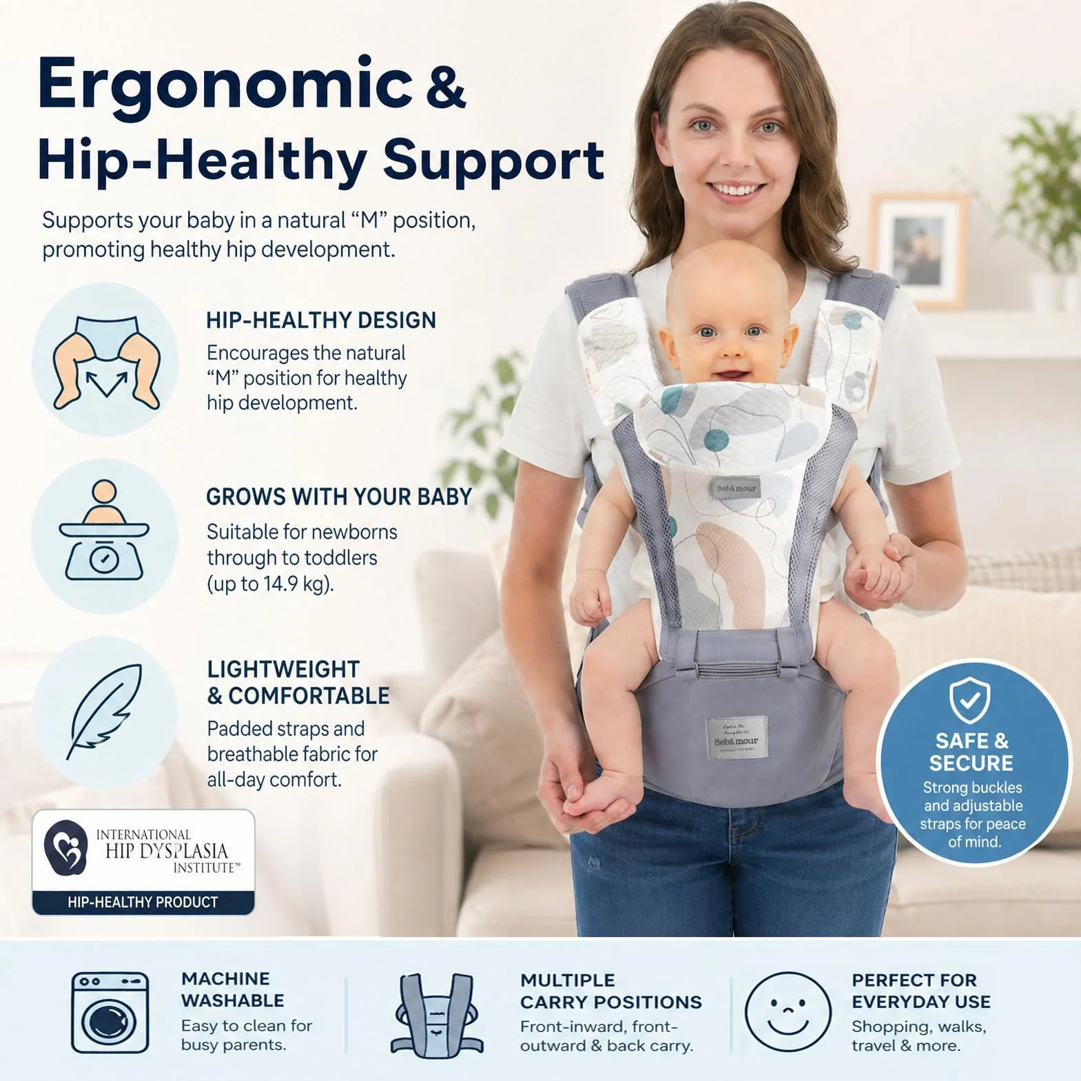 Bebear Bebamour Portabebés 0-36 meses Mochila Portabebés Malla Aire 3D Recién Nacidos Niños Pequeños Baby Carrier 3D Air Grey