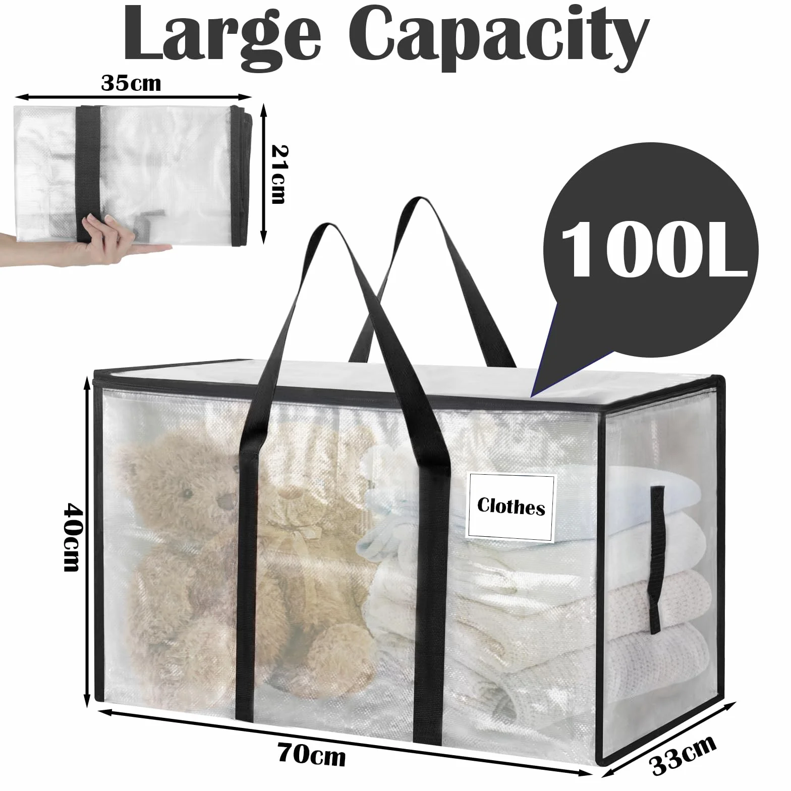 Withosent 100L Grande Bolsa de Almacenamiento, 2 Piezas Impermeable Bolsas de Mudanza con Cremallera y Asa, Bolsas para Guardar Ropa Edredones, Alternativa a las Cajas de Mudanza, Transparente