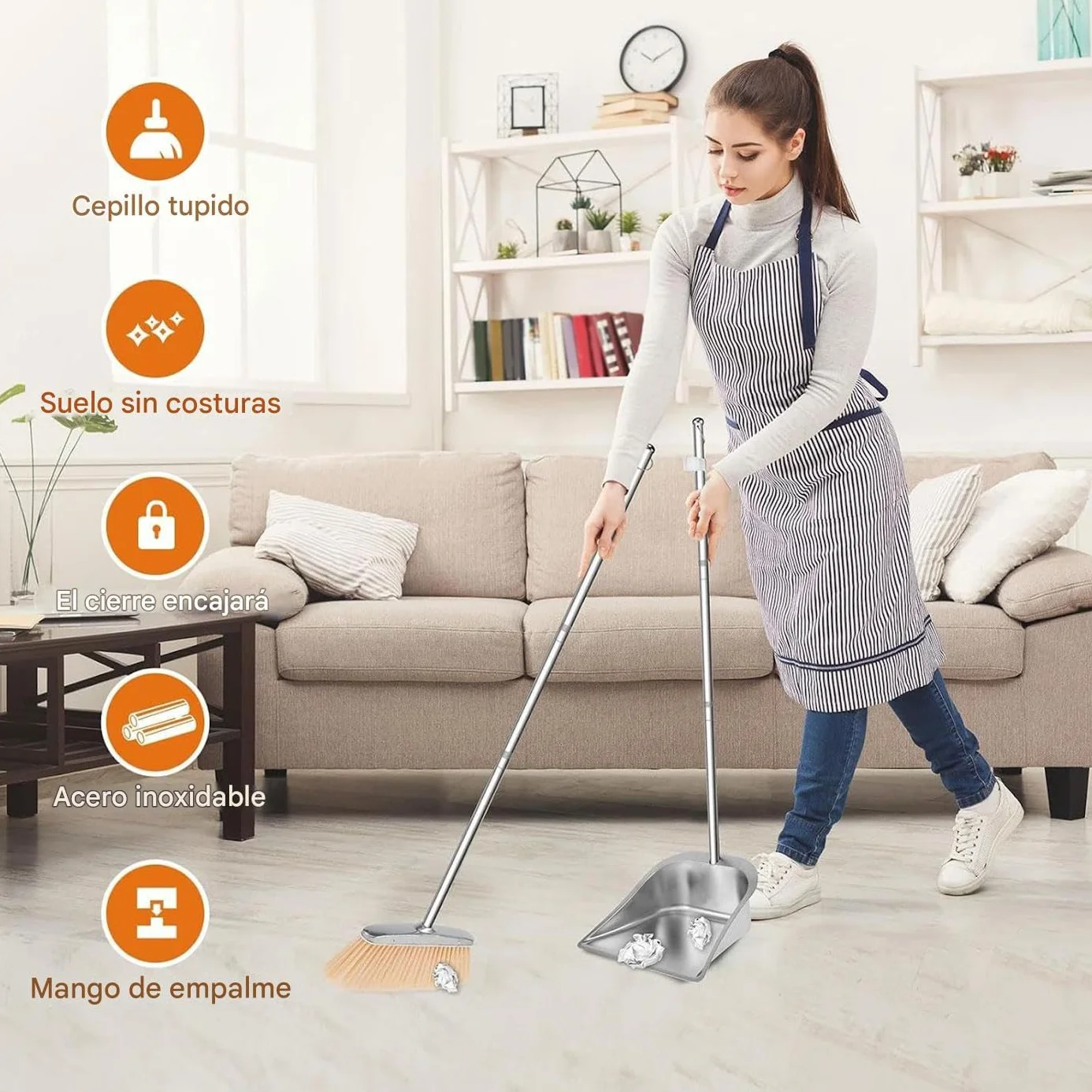 Escoba Y Recogedor Para Cocina, Escoba Ajustable Exteriores, Herramienta Limpieza Suelos Acero Inoxidable