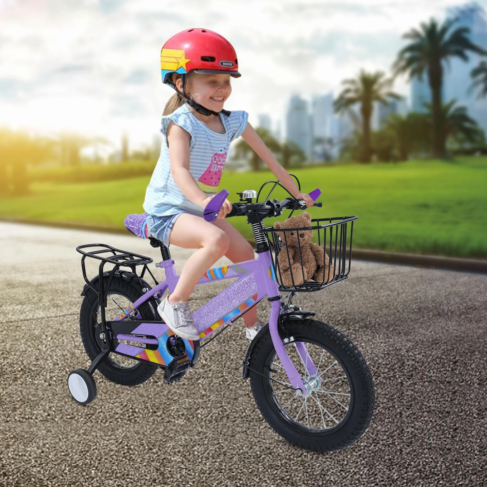 Bicicleta infantil 14 pulgadas con asiento trasero y cesta, ruedas estabilizadoras, altura regulable, acero resistente