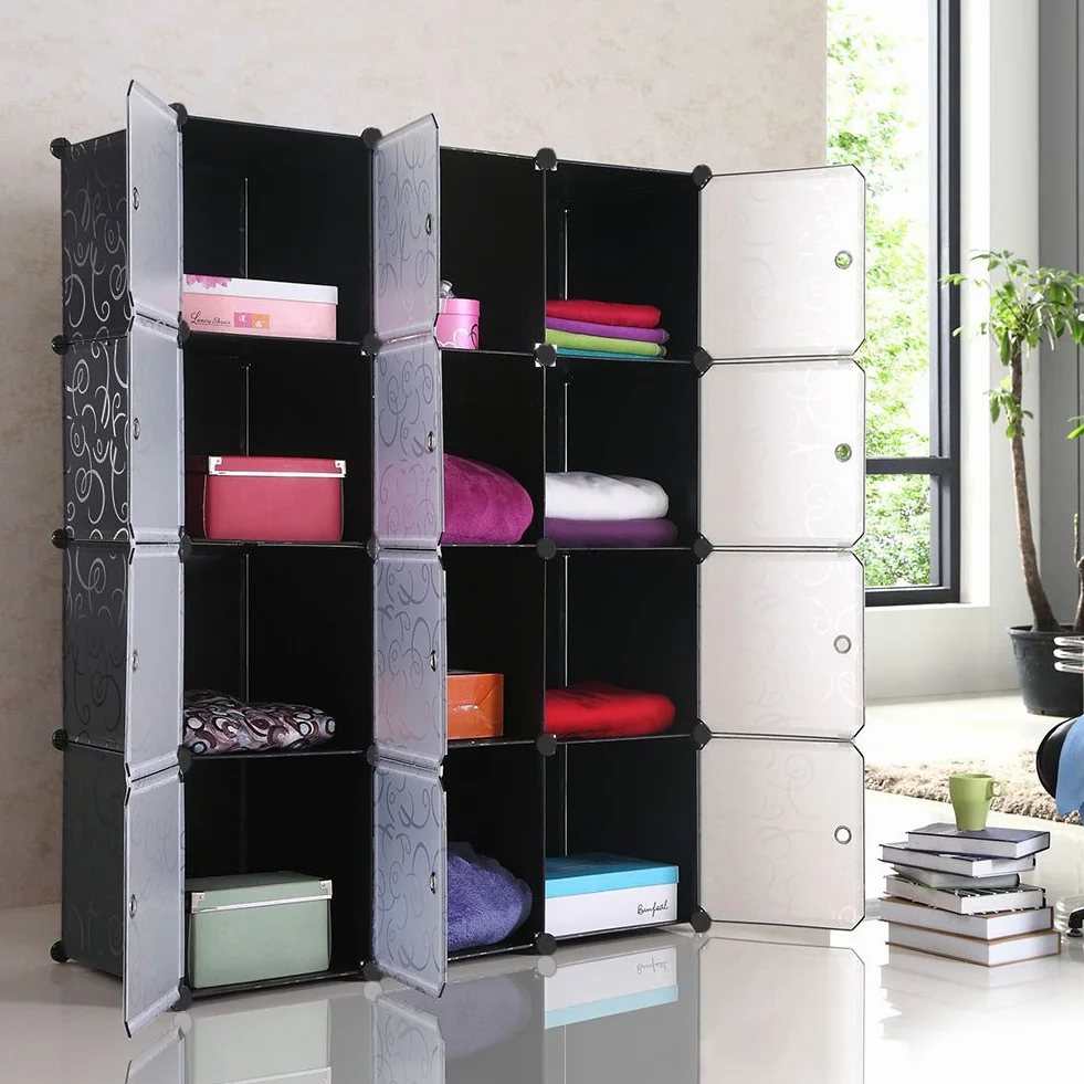 Mondeer Armario Plástico Opaco Ropero Estante Organizador Portable Aparador Gran Espacio con Dibujos de Estilo Clásico Blanco y Negro (12 Cubo)