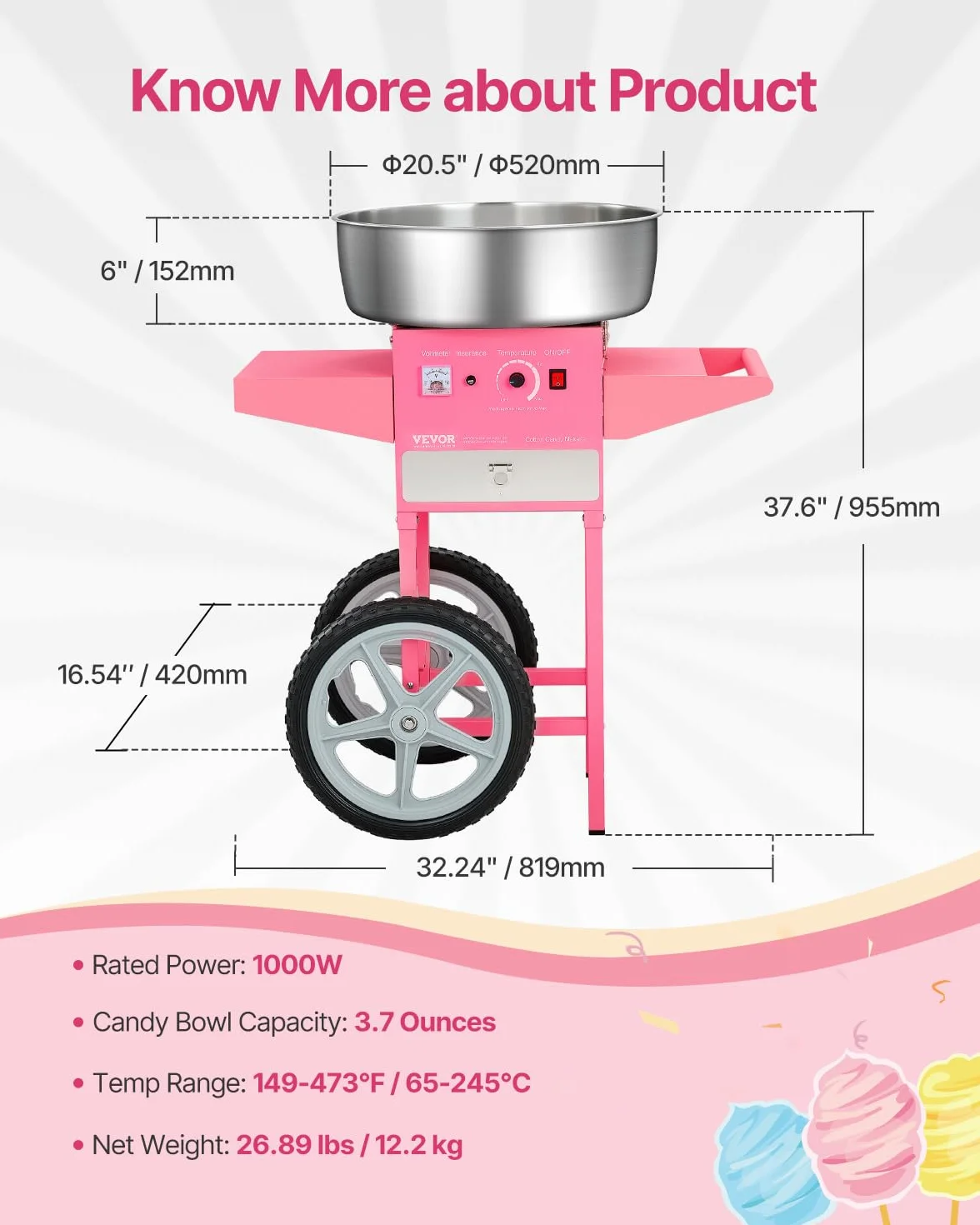 VEVOR Máquina Eléctrica de Algodón de Azúcar con Carro, 1000 W, con Recipiente de Acero Inoxidable de 52 cm, con Cuchara, para Hogar, Cumpleaños, Fiestas Familiares, Rosa, 819 x 520 x 855 mm