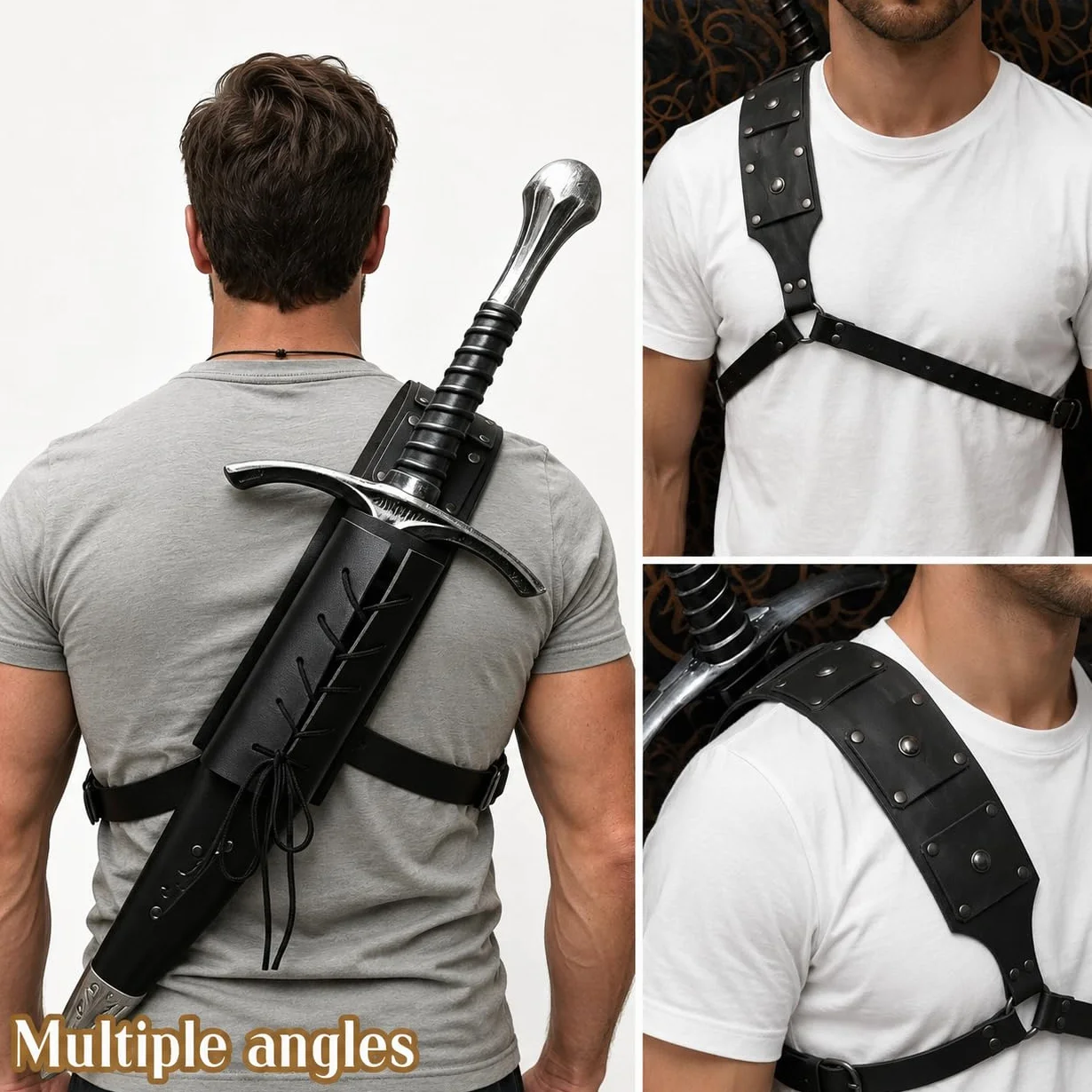 Funda Medieval para Espada, Cinturón Ajustable de PU Sólido Negro para Katana