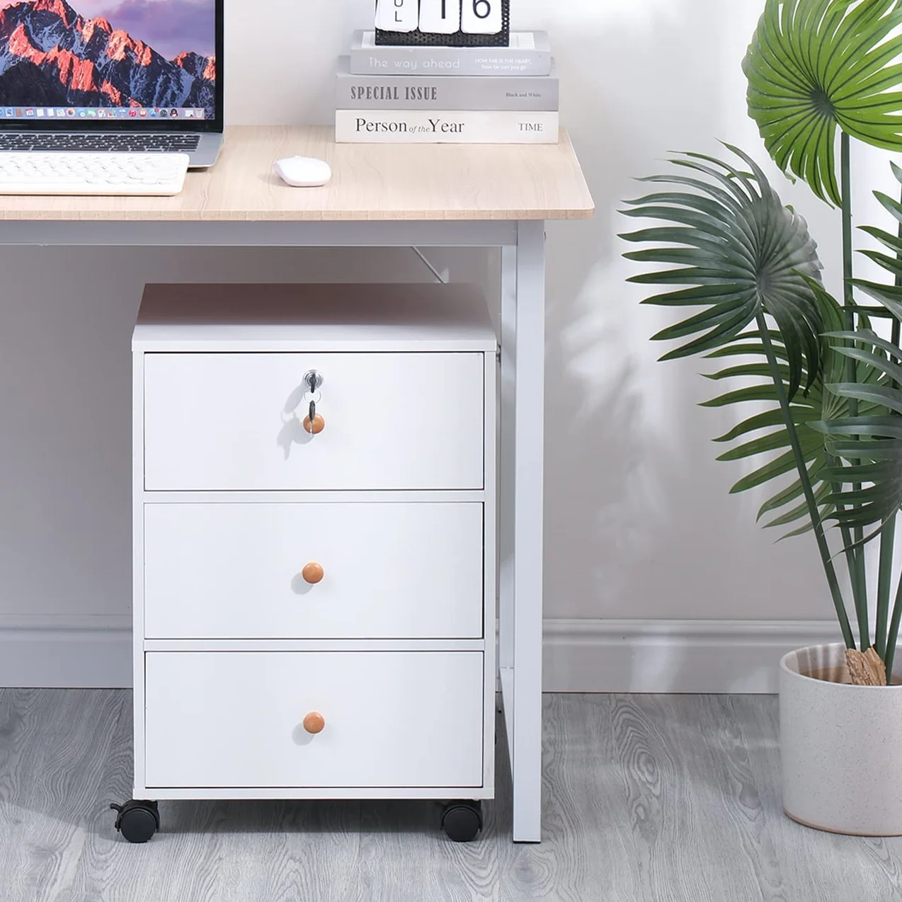 Ansley&HosHo Archivador móvil con 3 cajones, gabinete delgado para mesita de noche, armario de almacenamiento rodante debajo del escritorio, archivador de madera con cerradura, mesa de impresora de