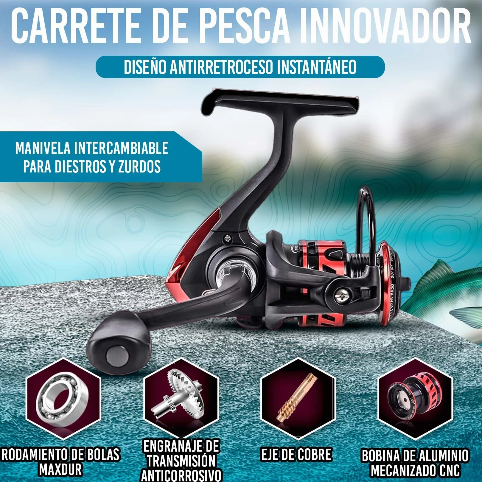 Kit de Pesca Completo - Caña de Pescar con Carrete, Señuelos, Sedal y Bolsa para Transporte – Caña de Pescar Spinning para Mar o Río – Incluye Señuelos, Sedal y Bolsa. Carrete Rojo y Negro
