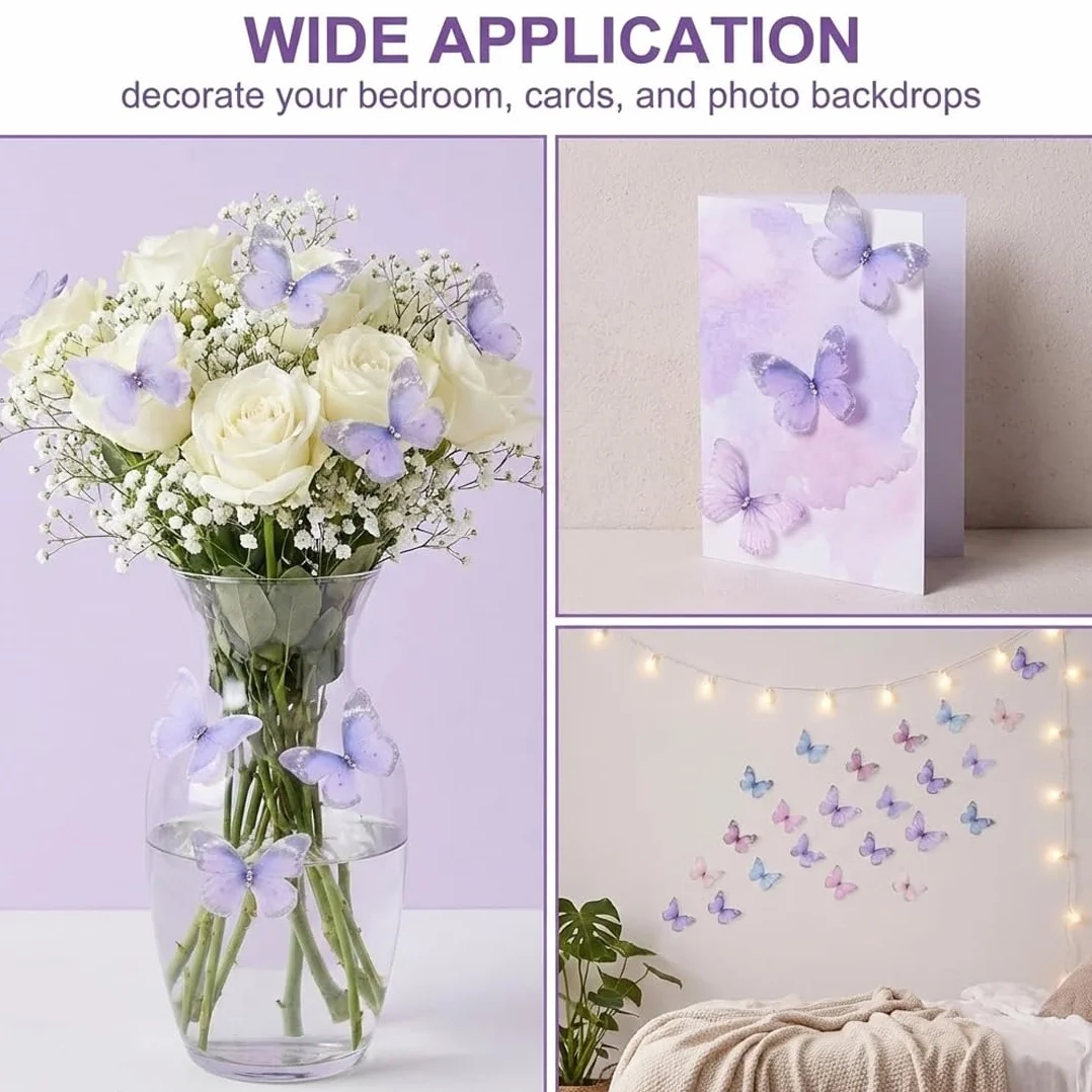 Mariposas 3D, 50 piezas de organza de tela de gasa translúcida, para bricolaje, álbumes de recortes, equipaje, ventana, habitación, adhesivo pared, pinza de pelo decoración