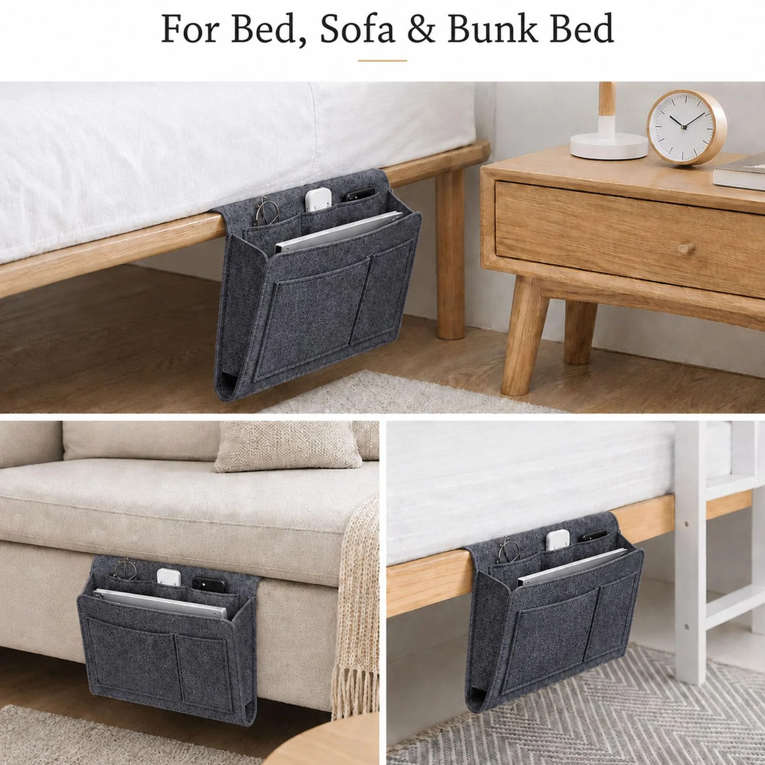 jiucare Organizador de cama de fieltro gris oscuro, bolsillo organizador lateral para cama con 5 compartimentos, porta mandos, móvil, gafas, cables, libros, tablet y accesorios para el dormitorio