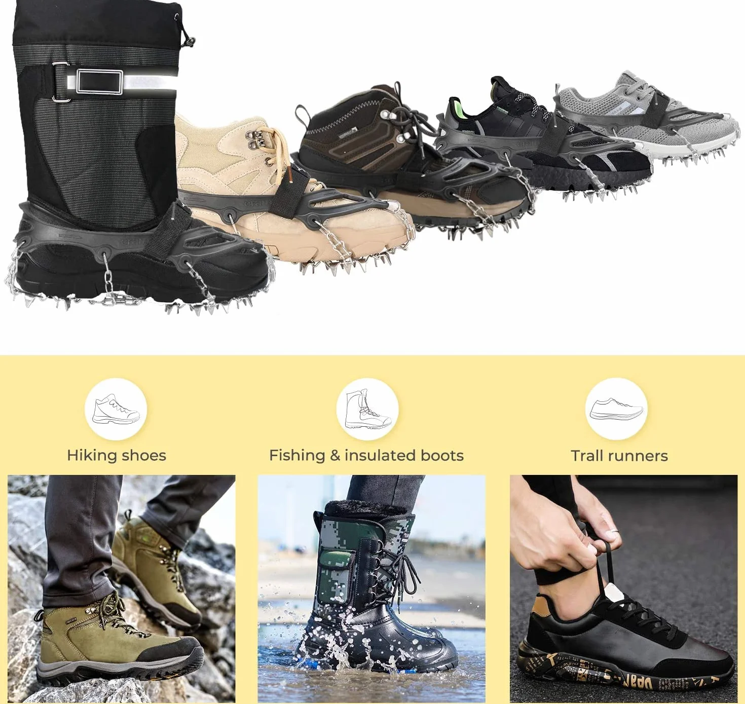 Sportneer Crampones 19 Dientes Tacos de Tracción Nieve y Hielo para Montañismo Escalada Senderismo, Negro, M