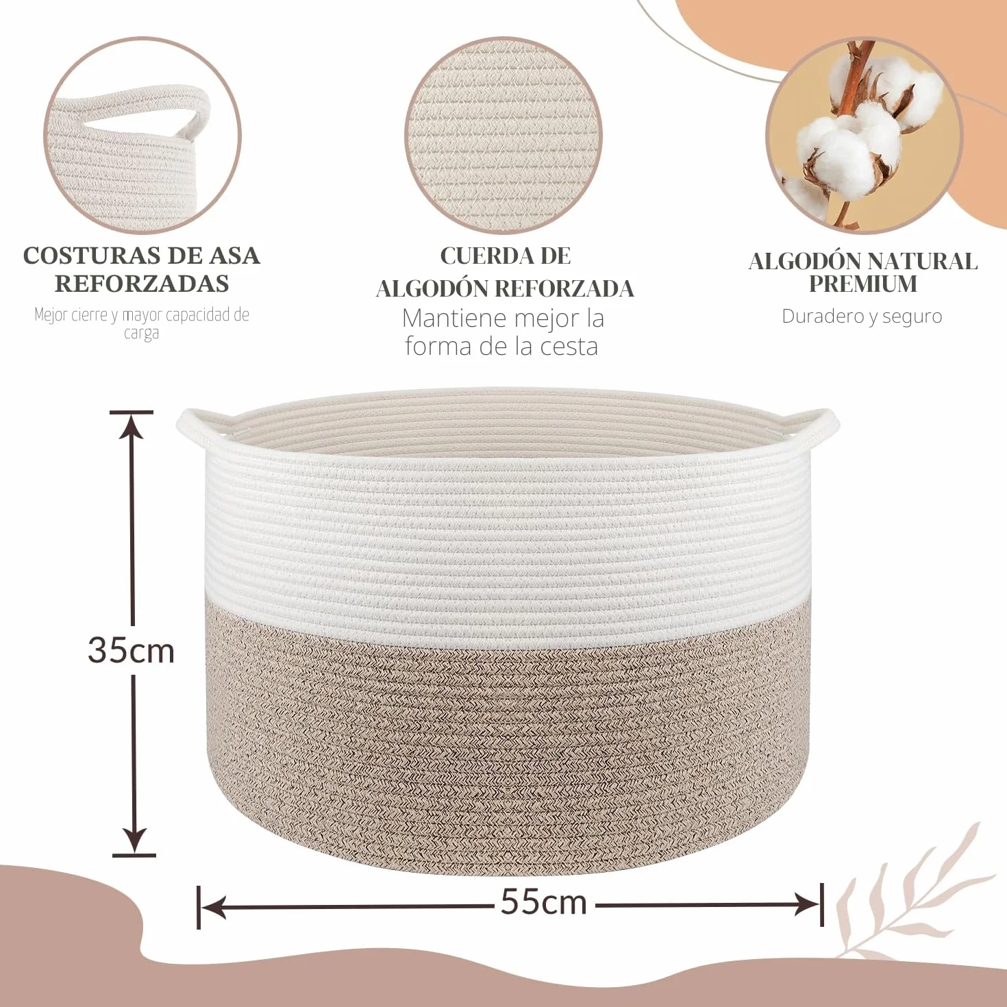 Maliton Cesta de Almacenaje de Algodón 50x50x33cm Grande Blanco Marrón
