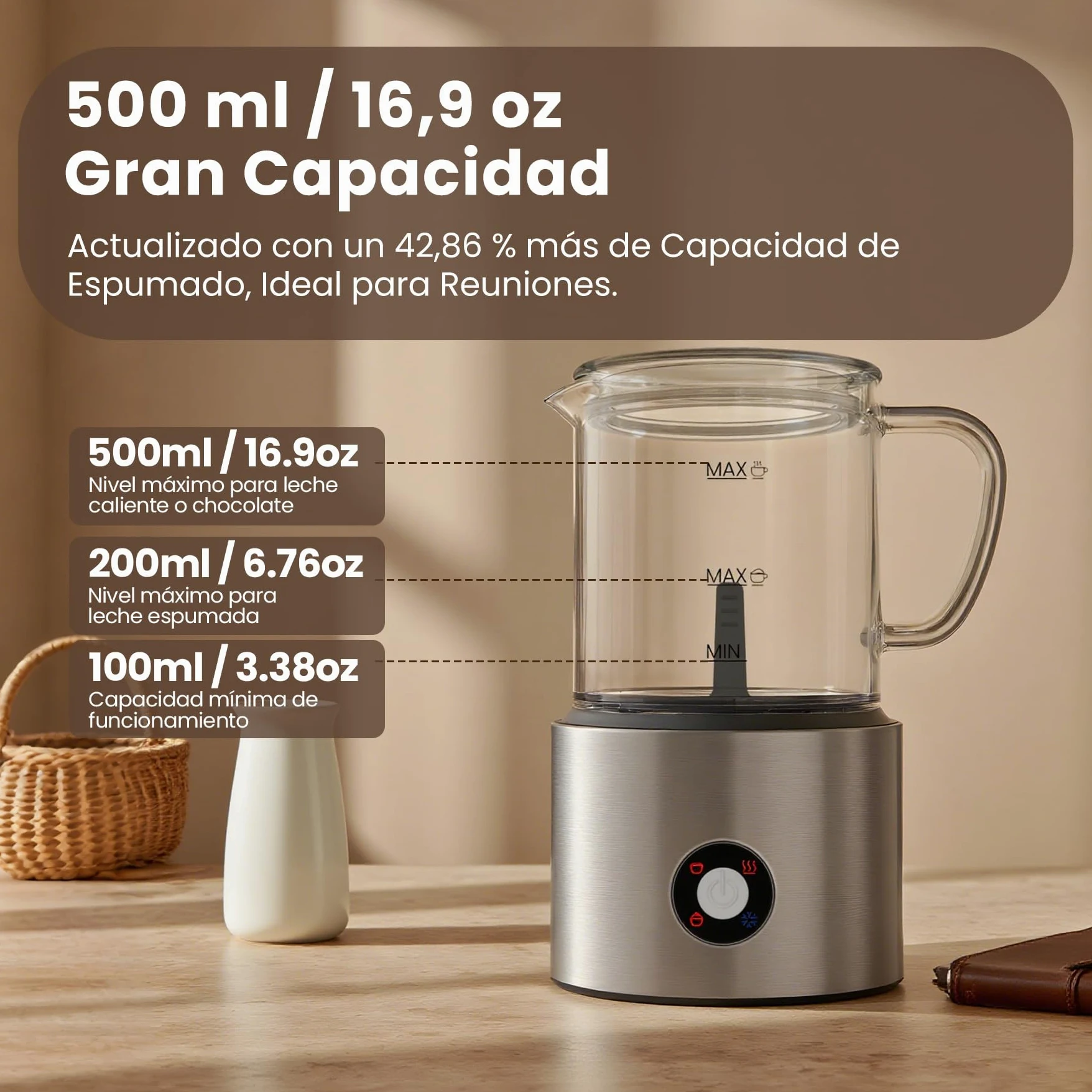 Espumador de Leche 4 en 1, Calienta leche Espumador Electrico 500ml Silenciosa, Calentador de Leche Inducción Automáticas con Desmontable Vaso de Vidrio, para Capuchino, Chocolate